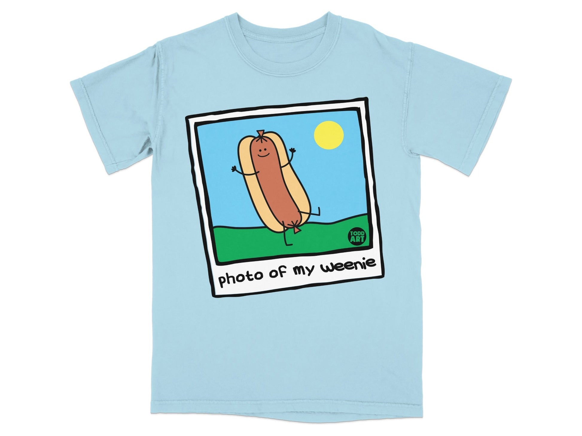 Cartoon hot dog with arms and legs posing in front of a sun.