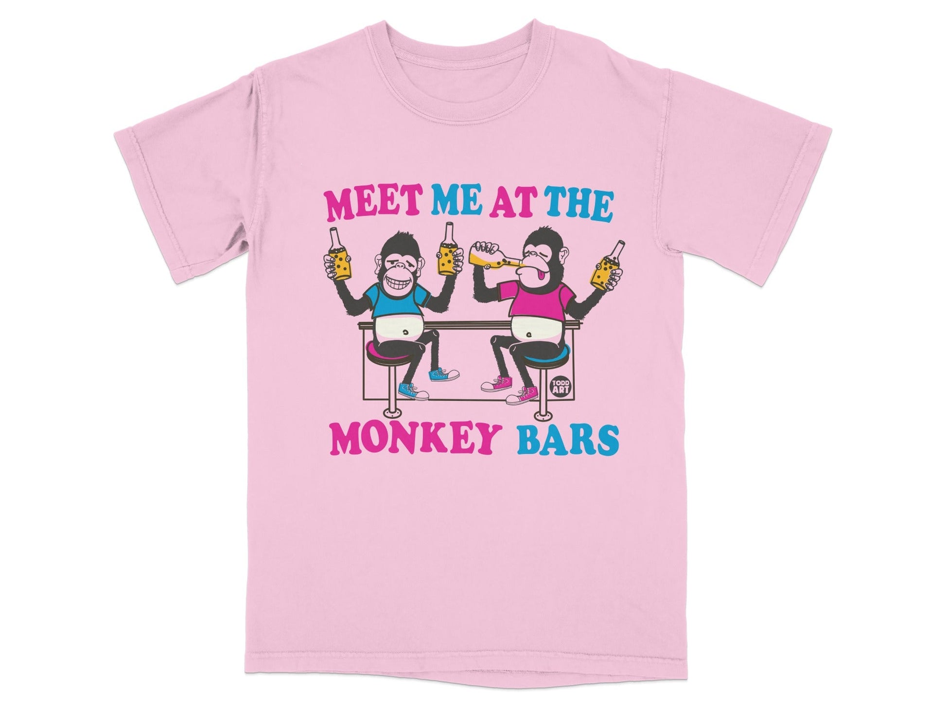 Pink t-shirt with cartoon monkeys holding beer bottles at a bar.
