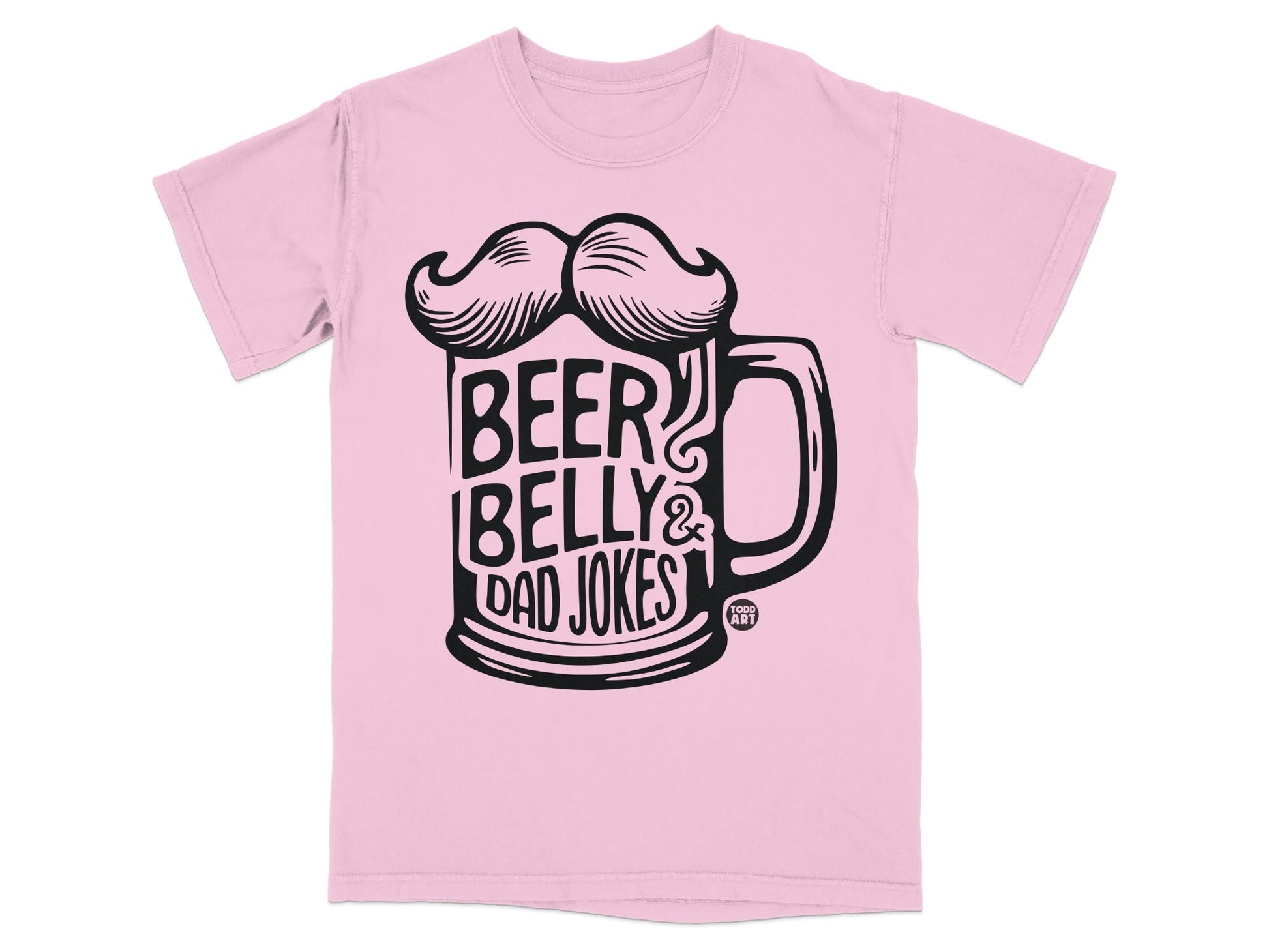 Pink t-shirt with a black graphic of a beer mug and "Beer Belly & Dad Jokes" text.