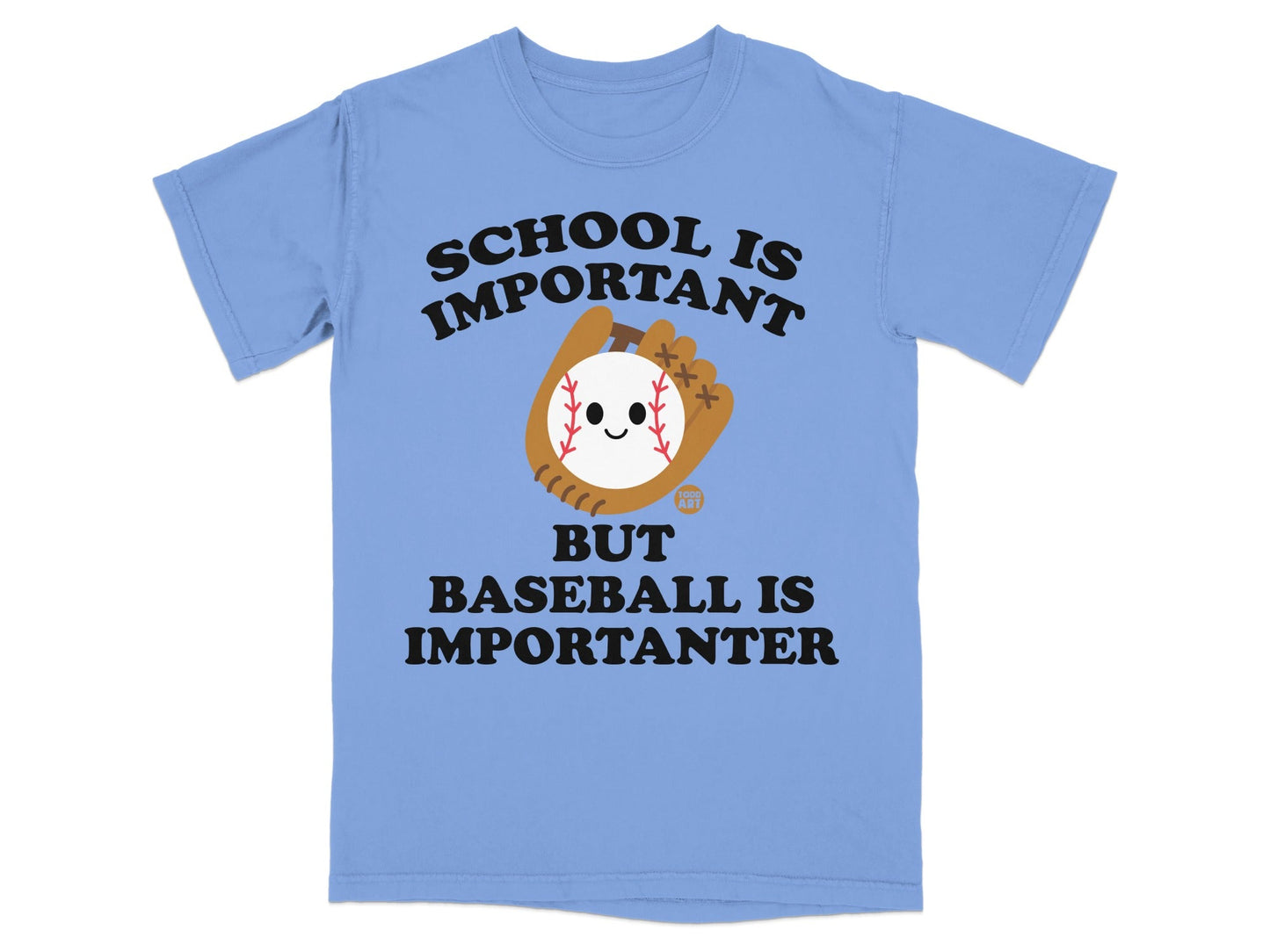 Blue t-shirt with "SCHOOL IS IMPORTANT BUT BASEBALL IS IMPORTANTER" and baseball graphic.
