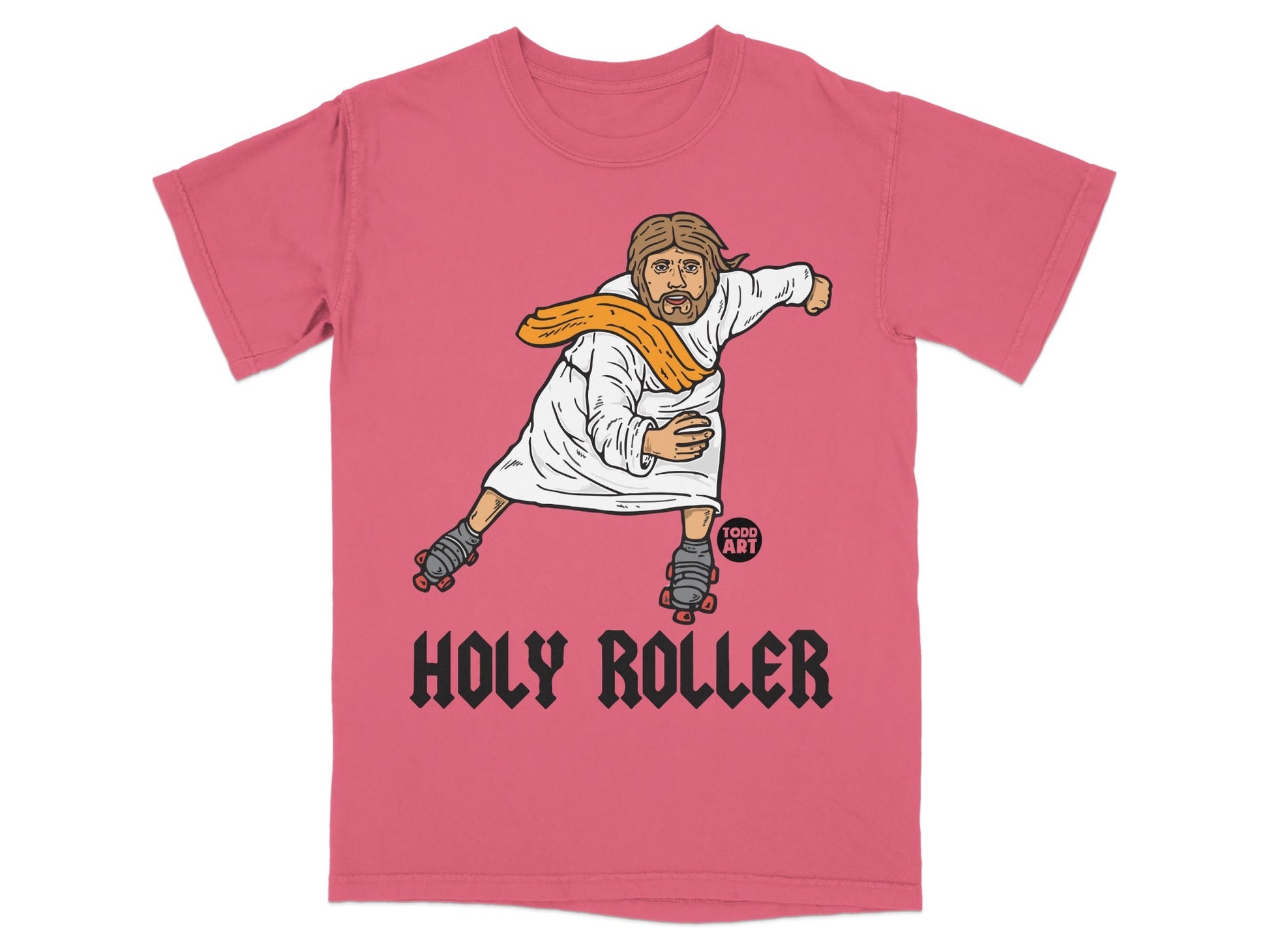 T-shirt with graphic of Jesus on roller skates with "Holy Roller" text.