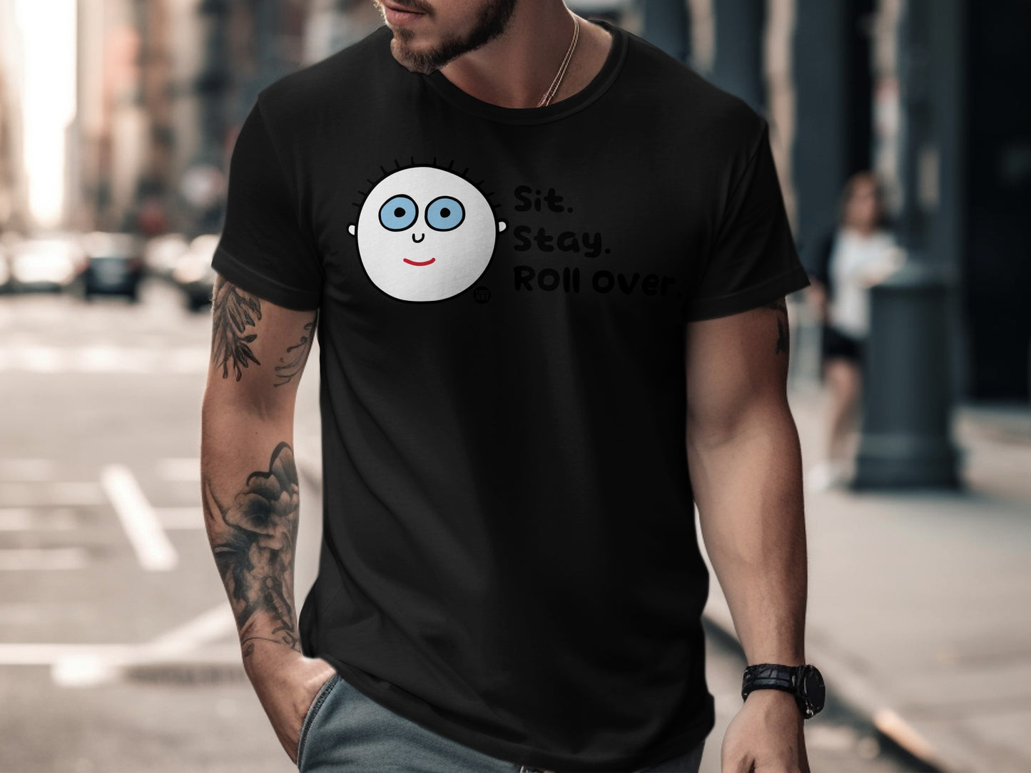 Funny Sit Stay Roll Over Cartoon Face T-shirt