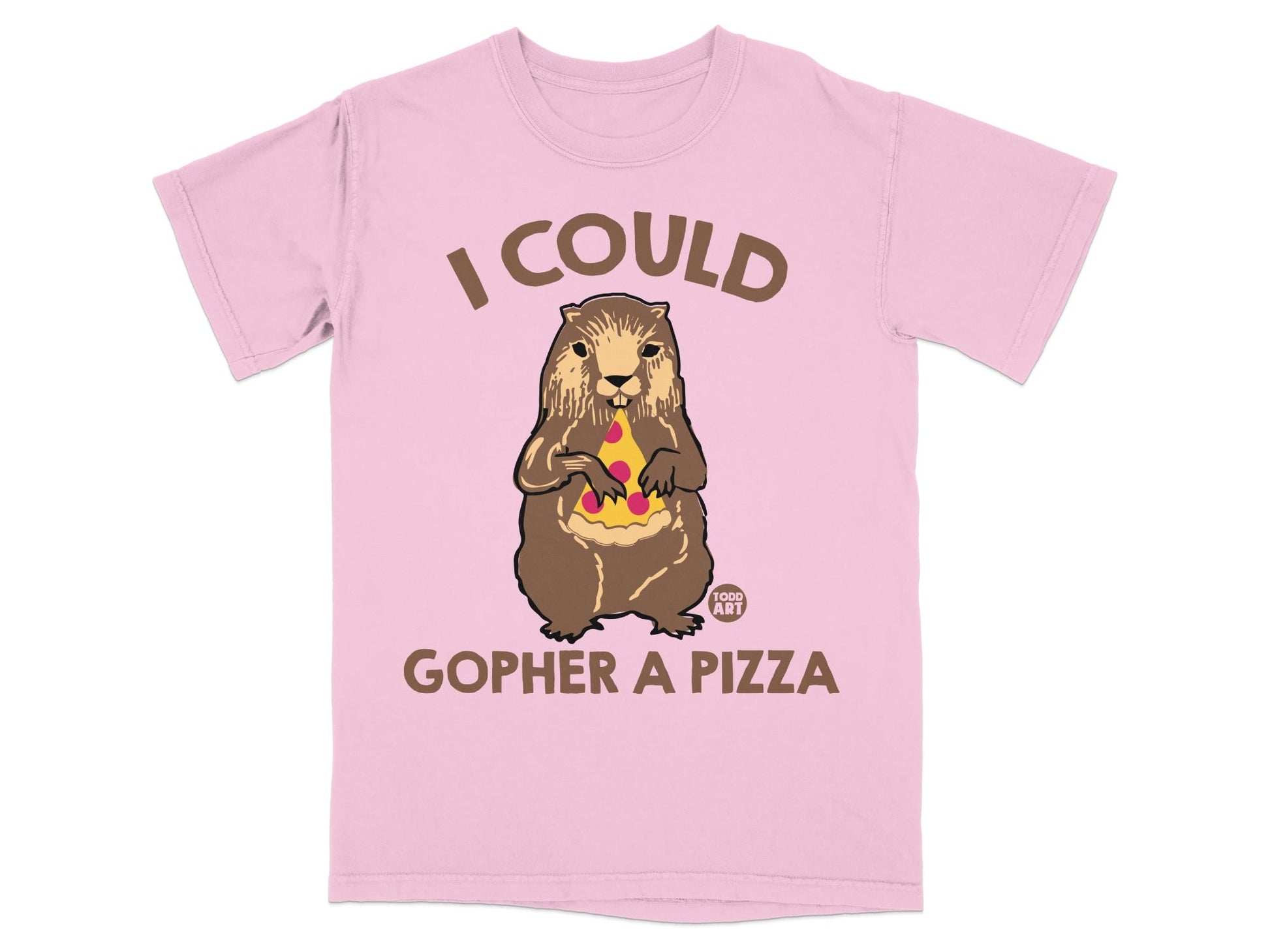 Pink t-shirt with a gopher holding a slice of pizza.