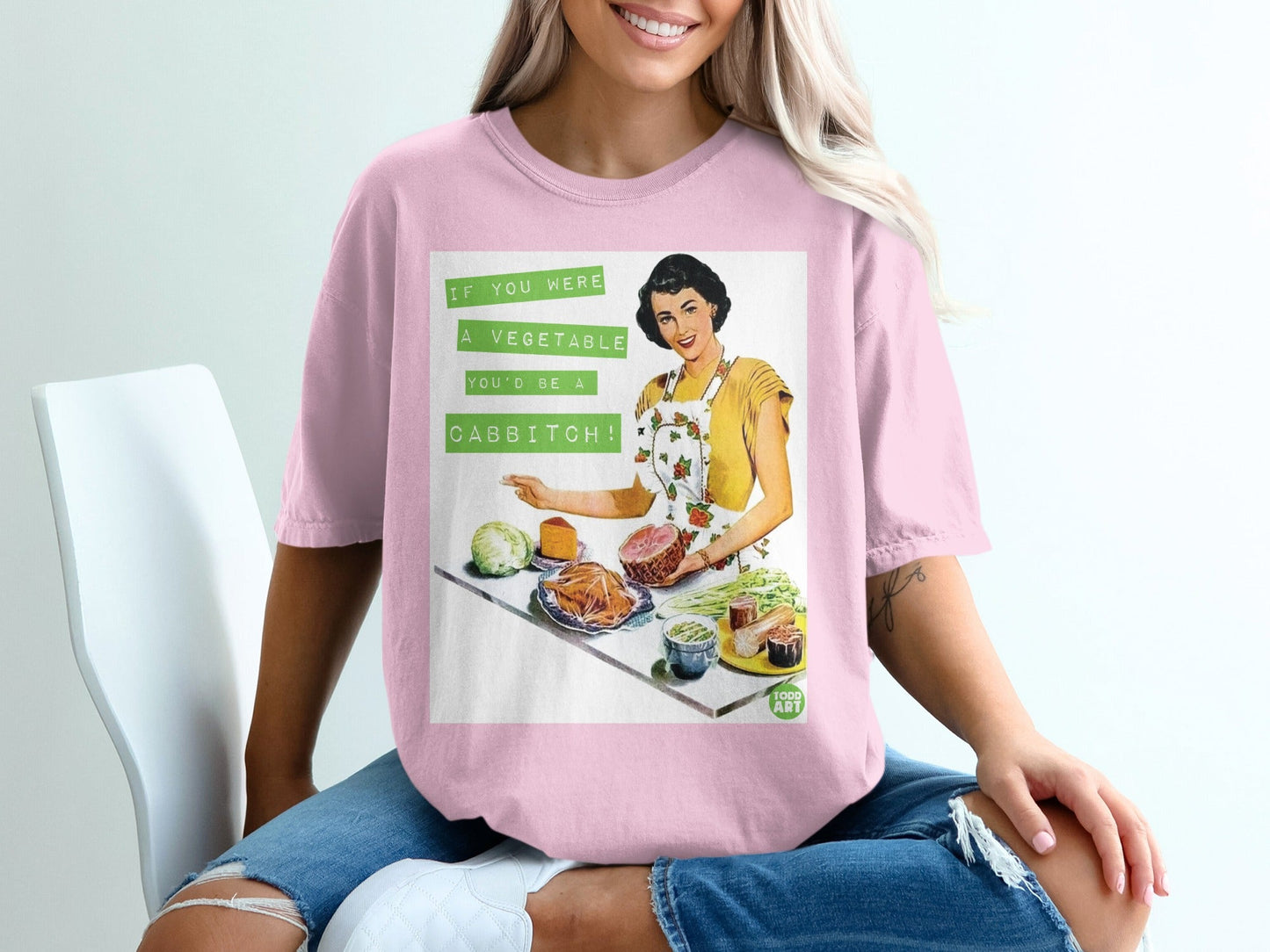 Retro graphic with text "IF YOU WERE A VEGETABLE, GABBITCH!" and vintage woman cooking.