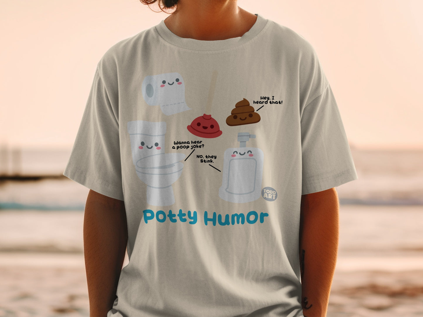 T-shirt graphic with a toilet, plunger, and toilet paper roll making jokes.