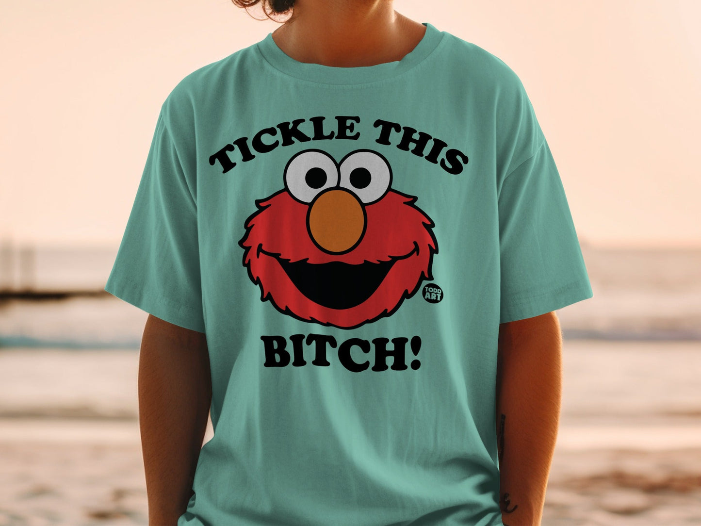 Teal t-shirt with Elmo's face and "Tickle this Bitch!" text.