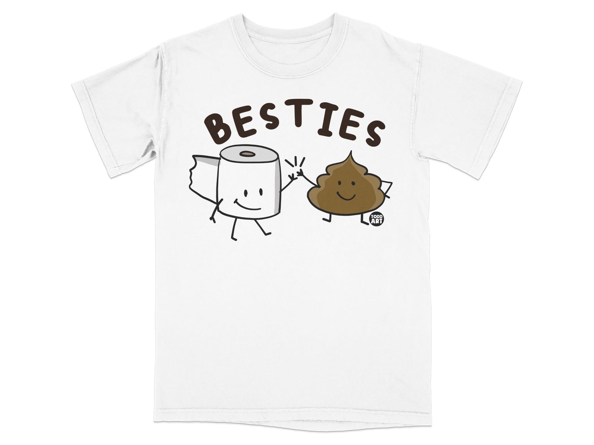 T-shirt graphic of smiling toilet paper and poop characters holding hands.