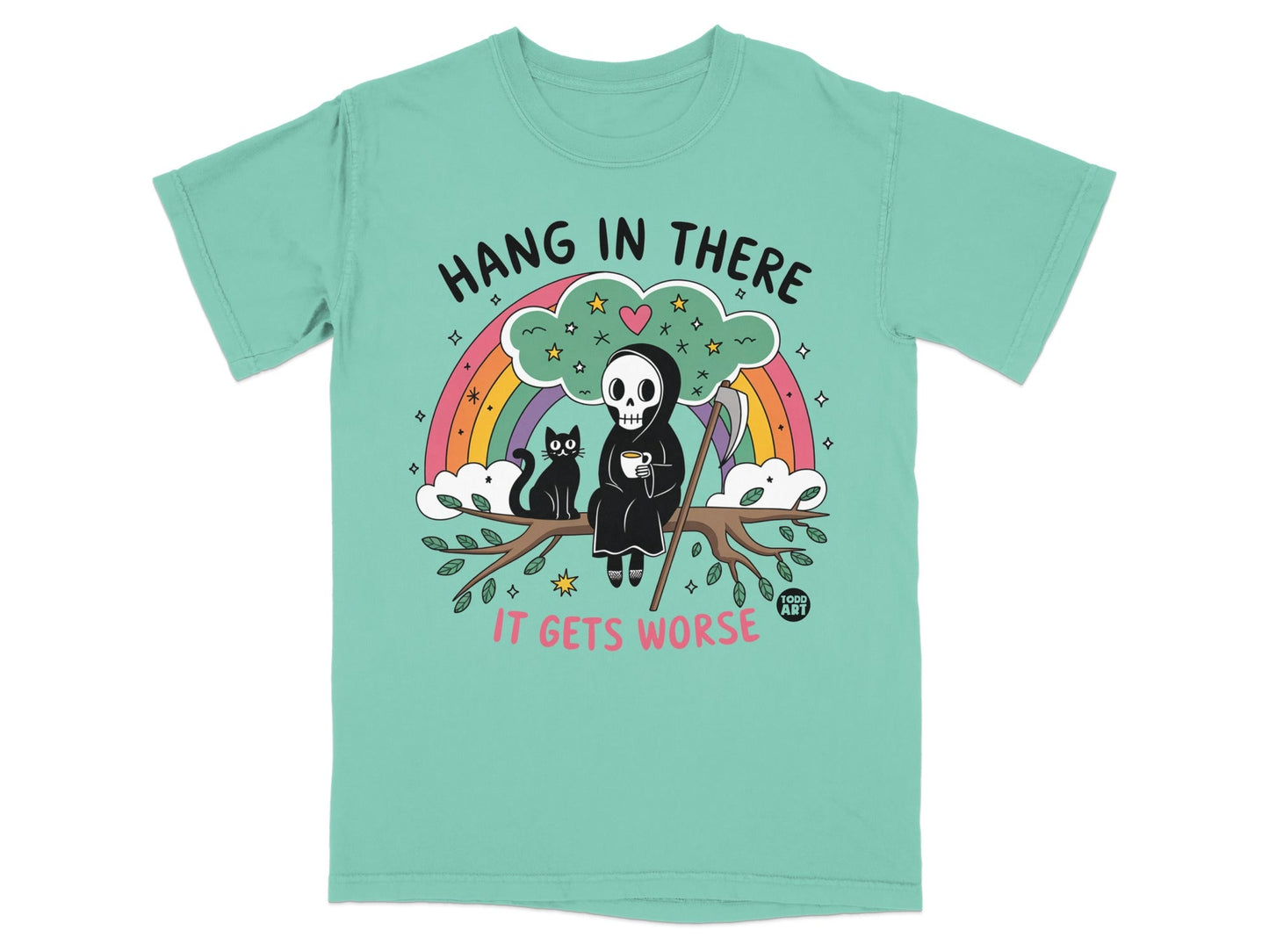 Grim Reaper and black cat on tree branch, rainbow, with text "HANG IN THERE IT GETS WORSE".
