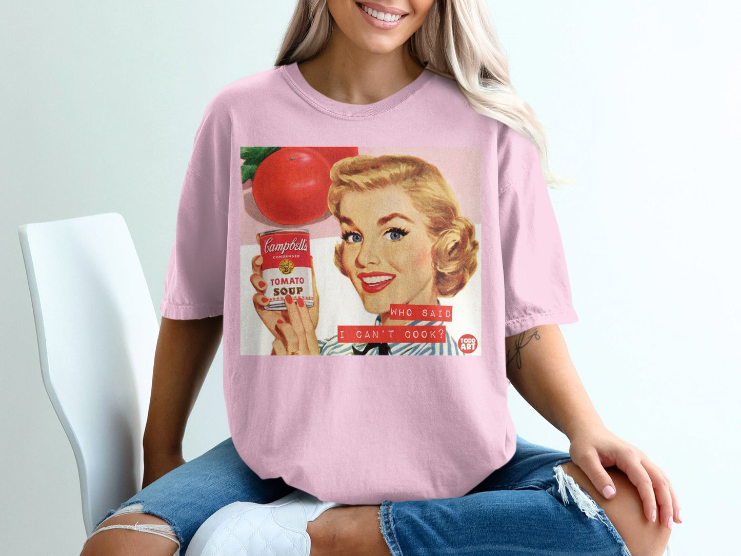 Pink t-shirt with vintage Campbell's Tomato Soup ad.