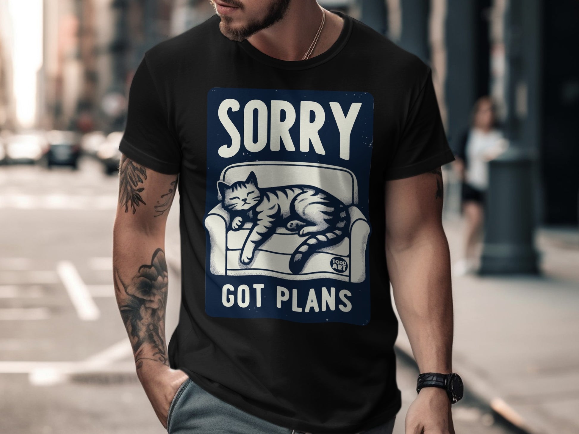 Sorry Got Plans Cat Couch Illustration T-Shirt