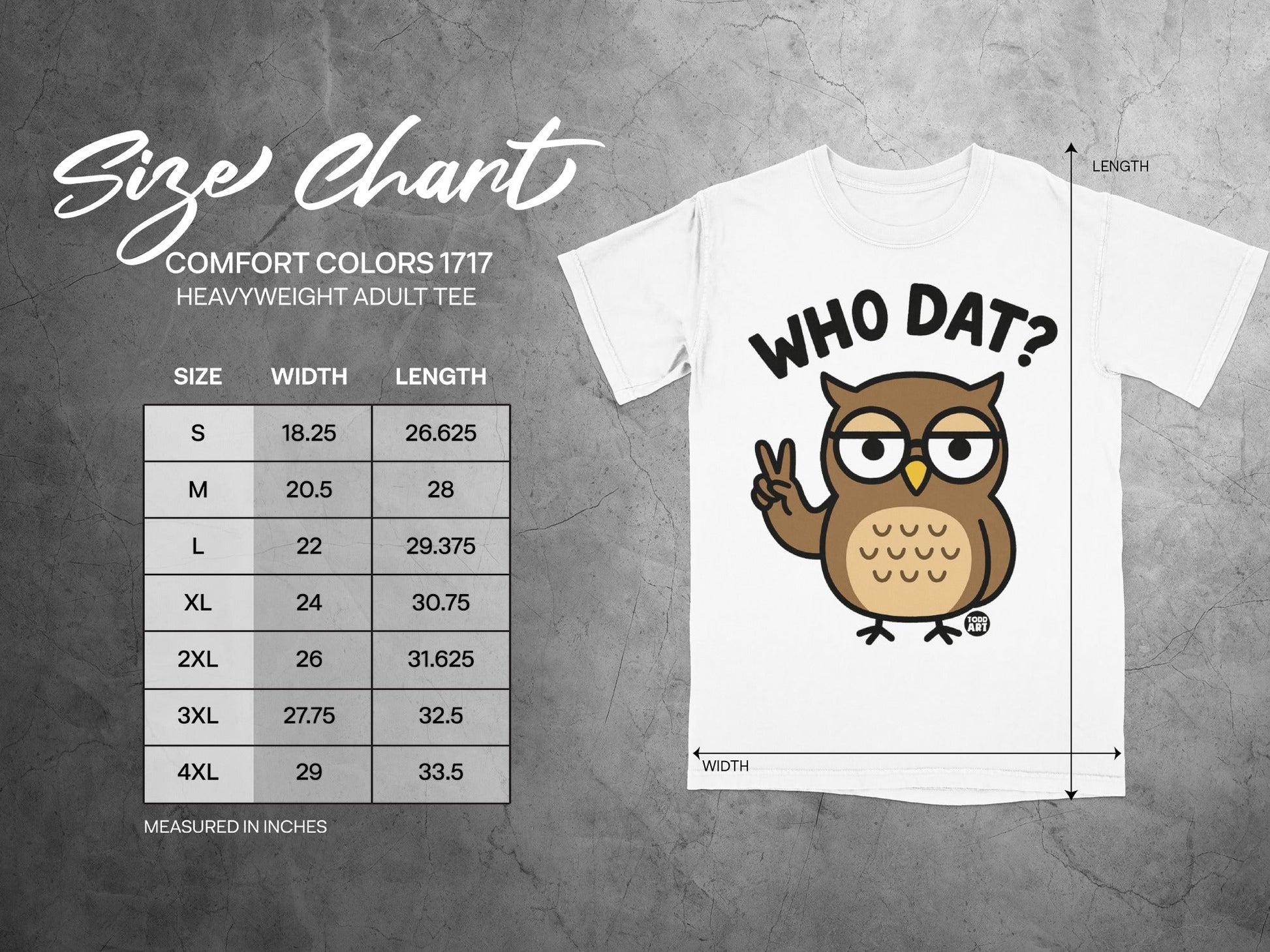 Size chart for a heavyweight adult tee with "WHO DAT?" graphic.