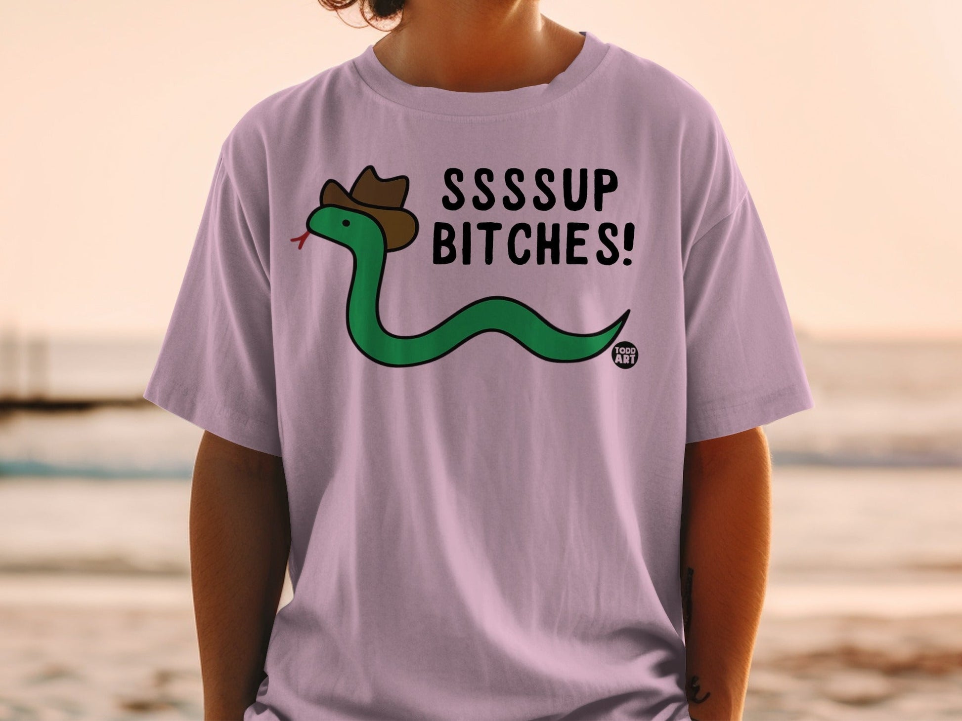 Green snake wearing a cowboy hat, with text "SSSSP BITCHES!".