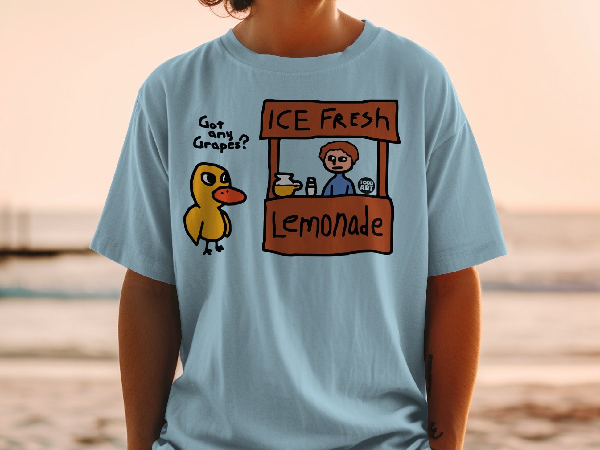 Cartoon duck asks a lemonade vendor "Got any Grapes?".