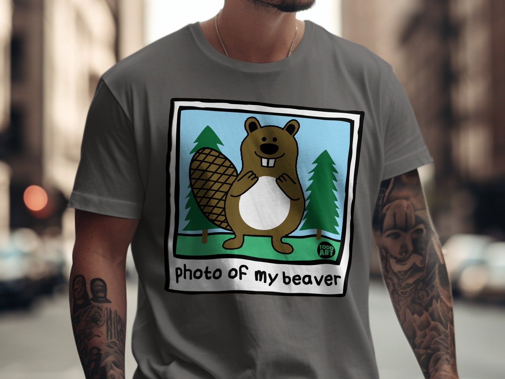 Gray t-shirt featuring a cartoon beaver and trees with "photo of my beaver" text.