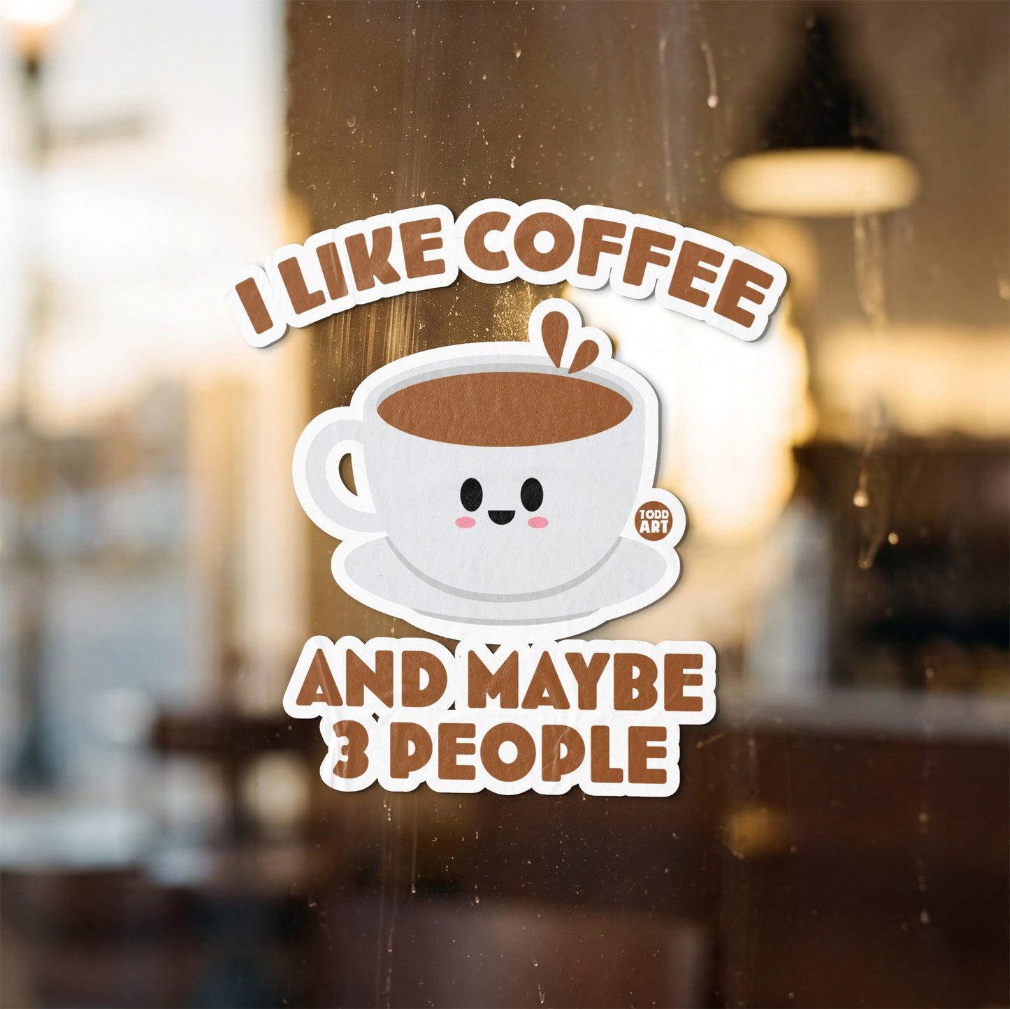 White coffee cup sticker with text "I LIKE COFFEE AND MAYBE 3 PEOPLE".