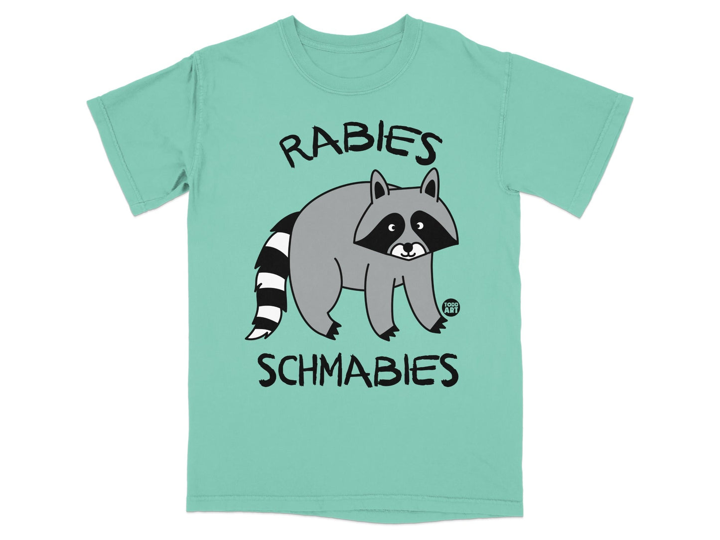 Teal t-shirt with raccoon graphic and text "RABIES SCHMABIES".