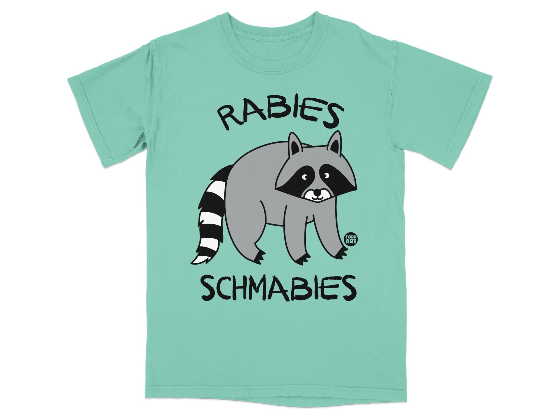 Teal t-shirt with raccoon graphic and text "RABIES SCHMABIES".