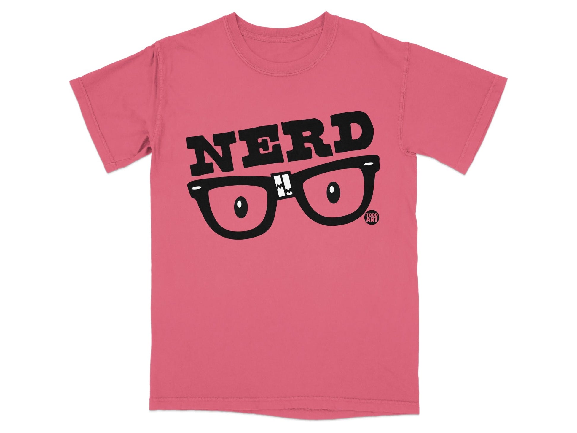 T-shirt with "NERD" text and glasses graphic.