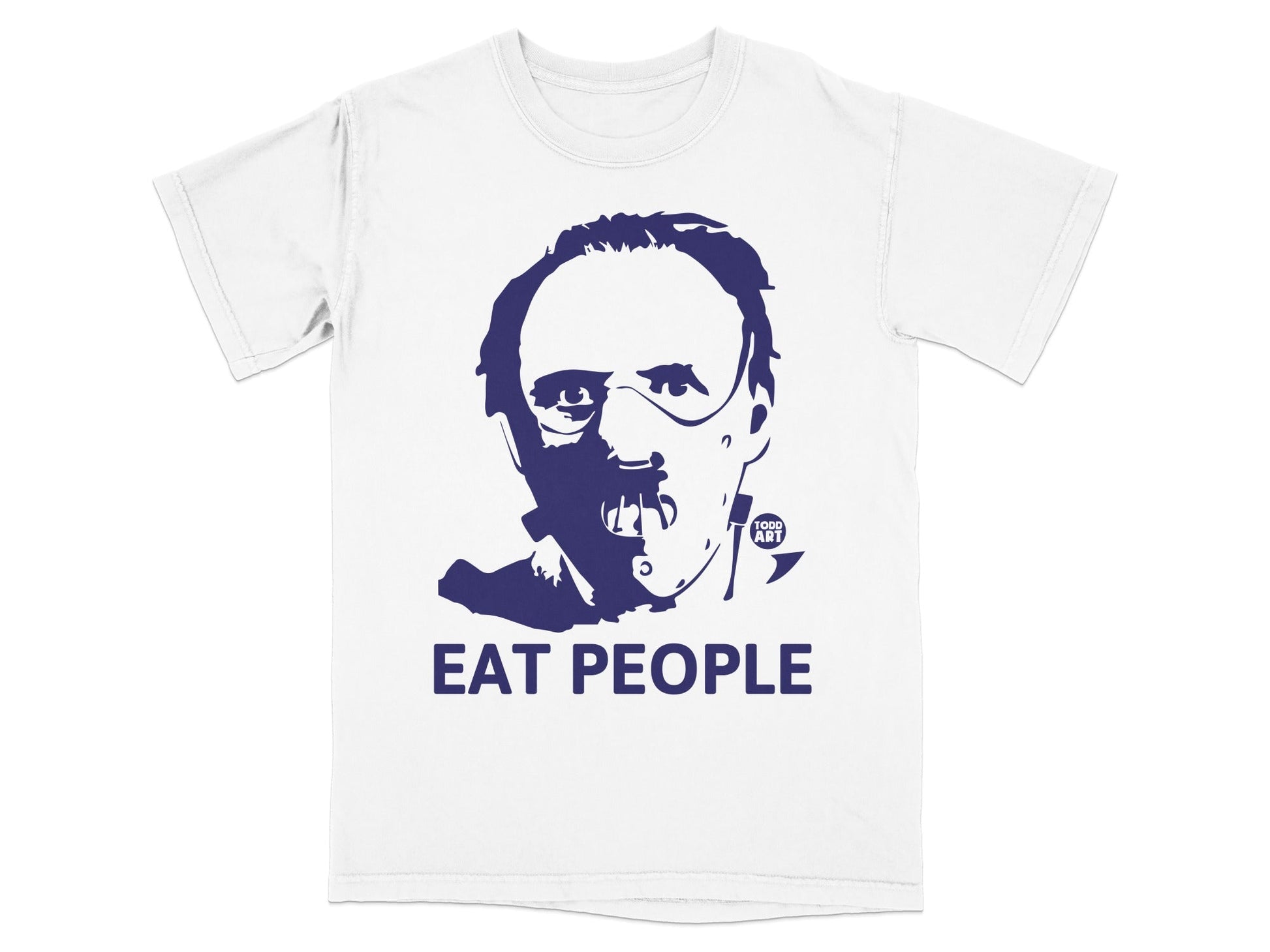 White t-shirt with dark blue Hannibal Lecter graphic and "EAT PEOPLE" text.