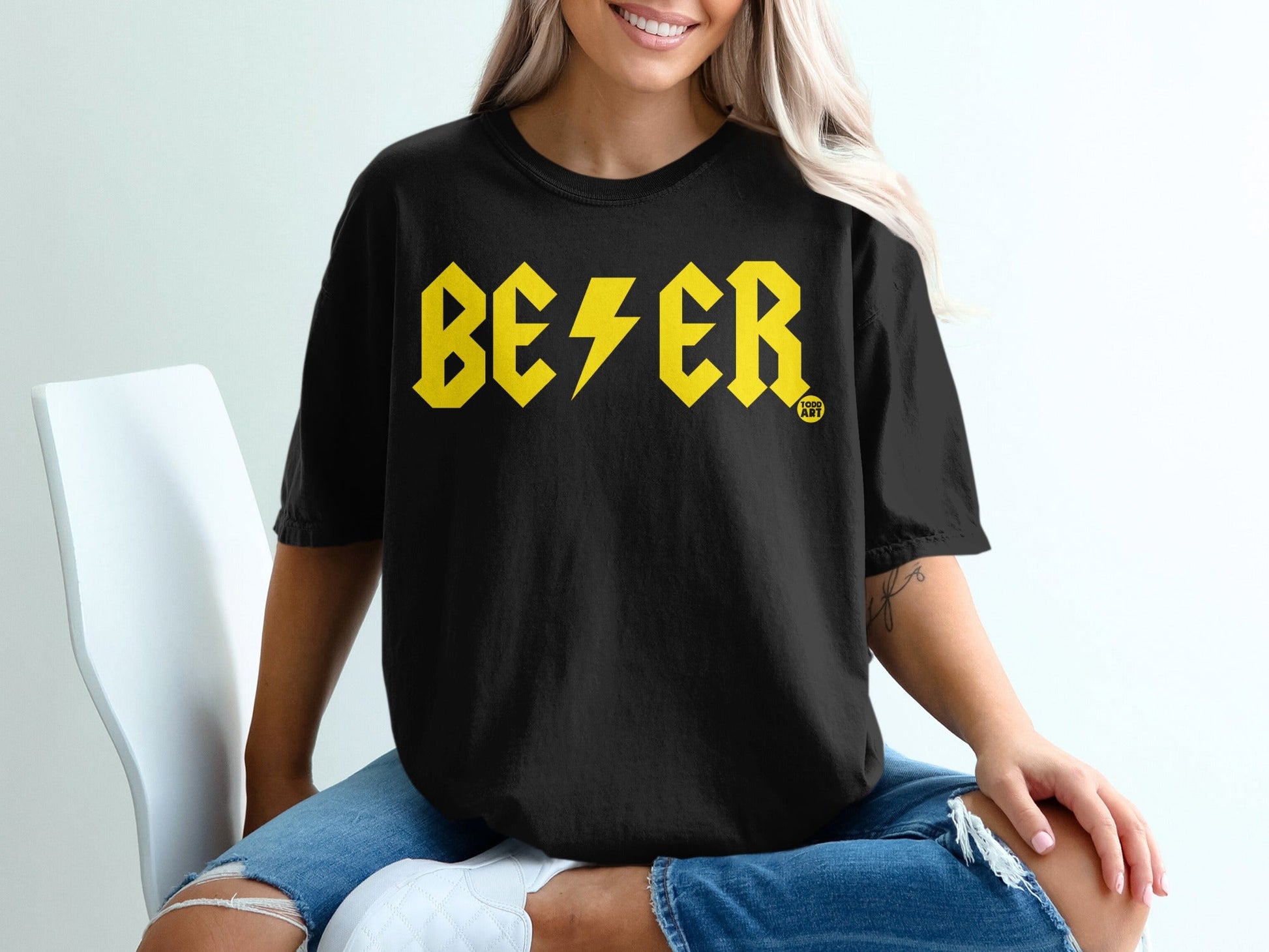 Bold Black T-shirt with Yellow BEER Print Graphic
