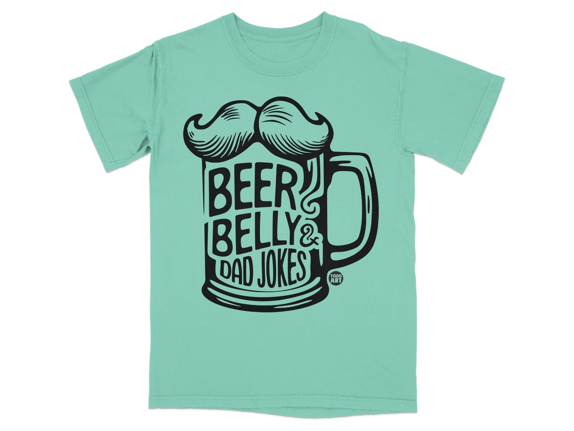 Teal t-shirt with black graphic of a beer mug with mustache and text.