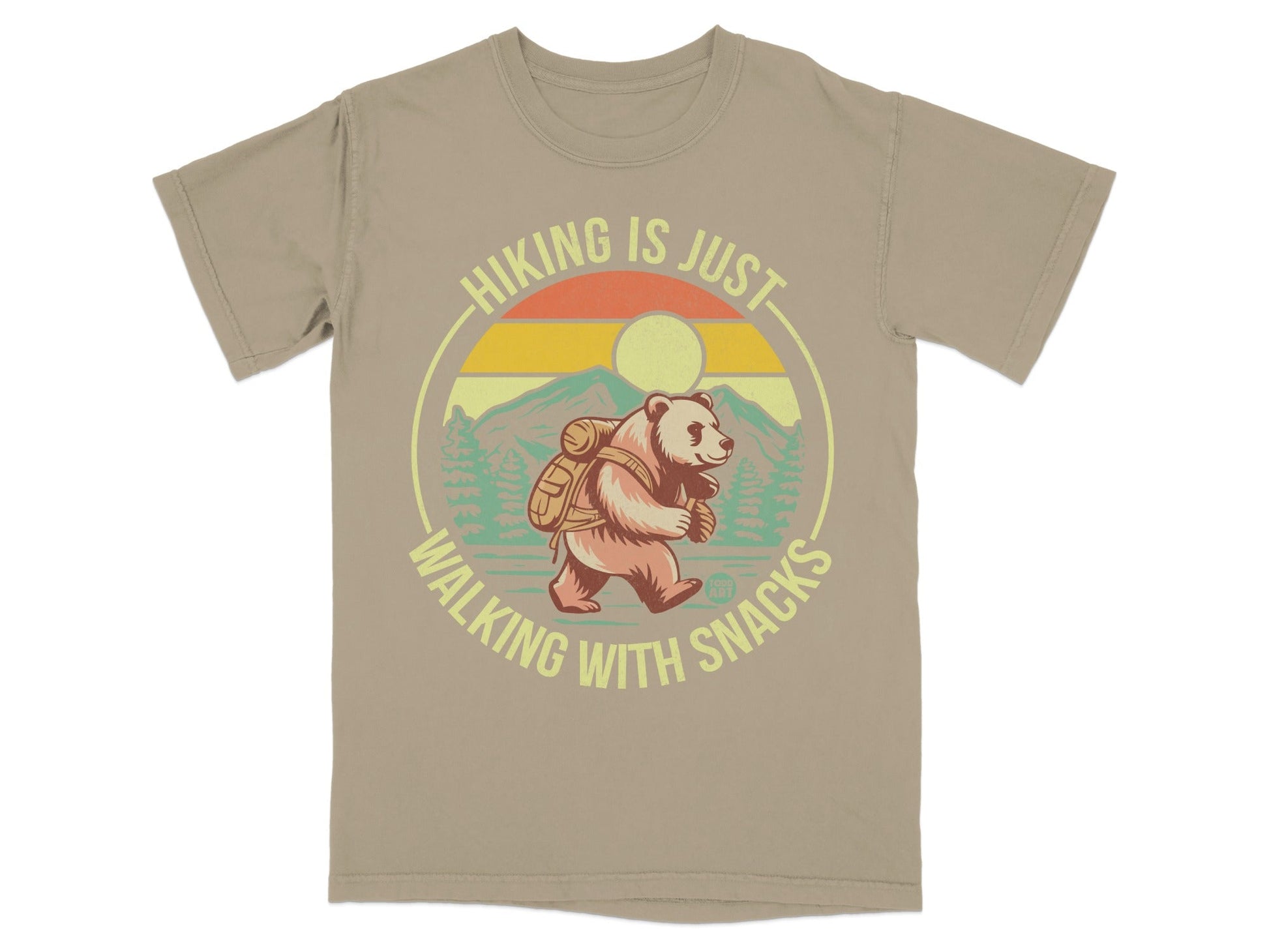 Bear hiking with backpack on shirt, "Hiking is just walking with snacks" text.
