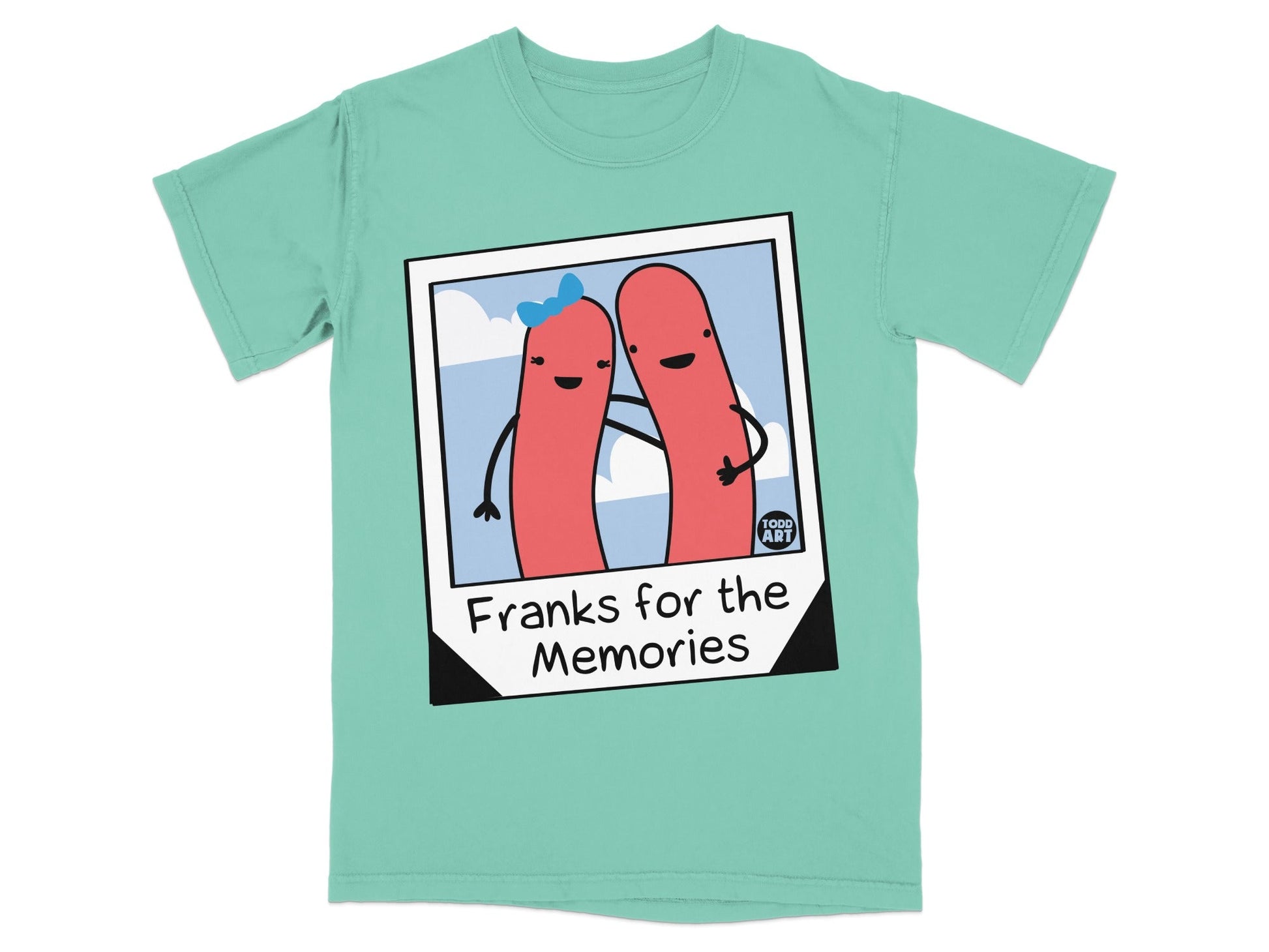 T-shirt with cartoon hot dogs in a photo frame, "Franks for the Memories" text.