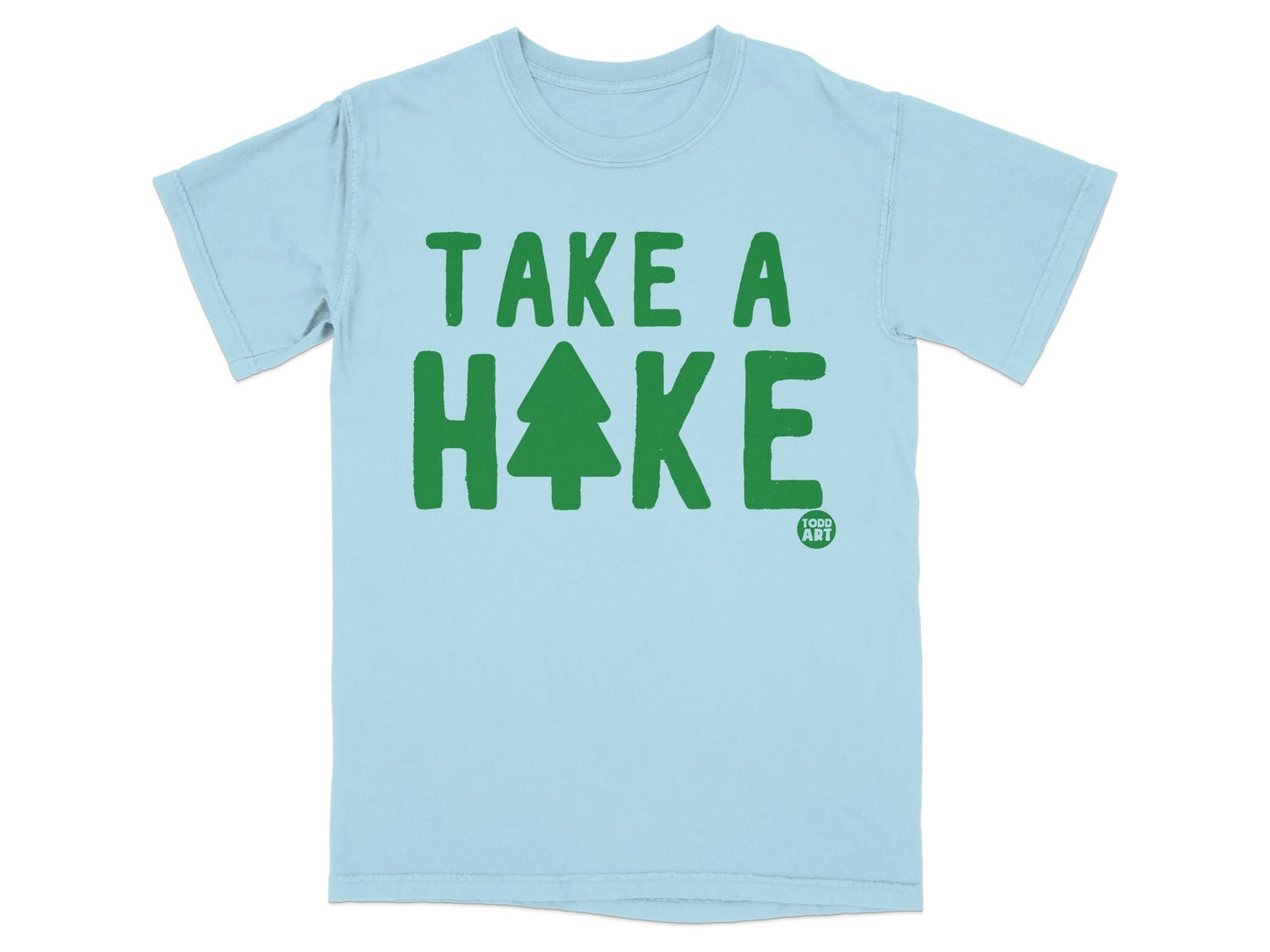 Light blue t-shirt with "TAKE A HIKE" and a Christmas tree graphic.