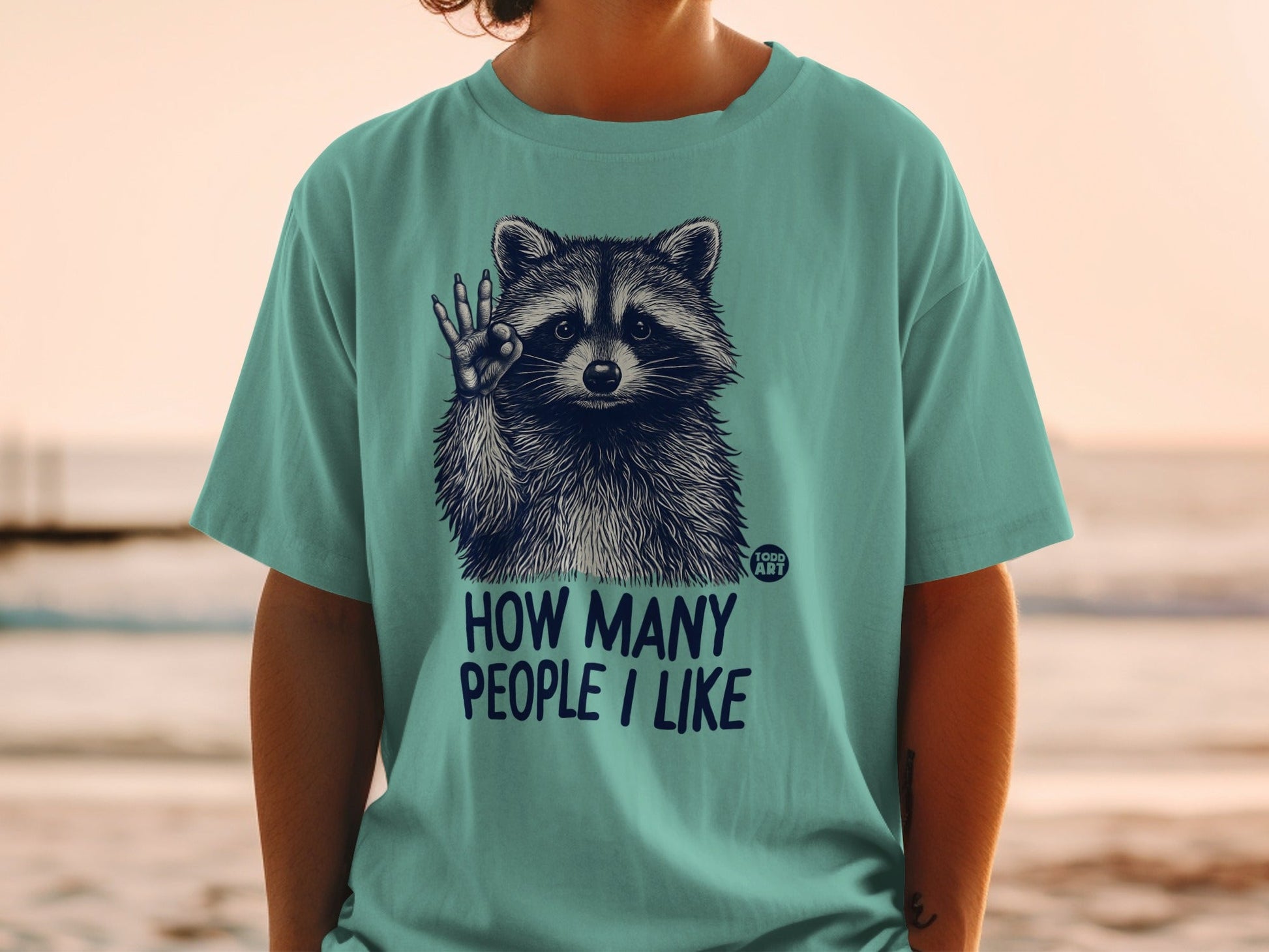 Teal t-shirt with raccoon illustration and text "HOW MANY PEOPLE I LIKE".