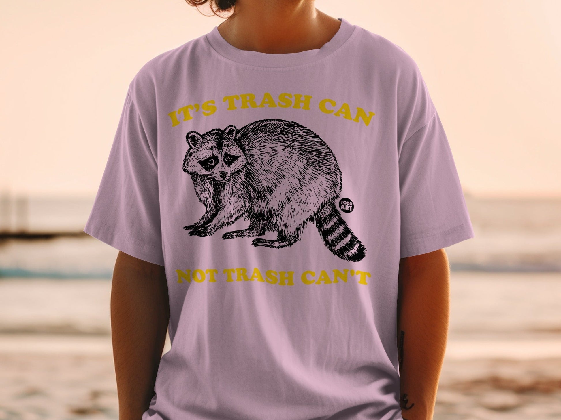 T-shirt with raccoon graphic and text "IT'S TRASH CAN NOT TRASH CAN'T".