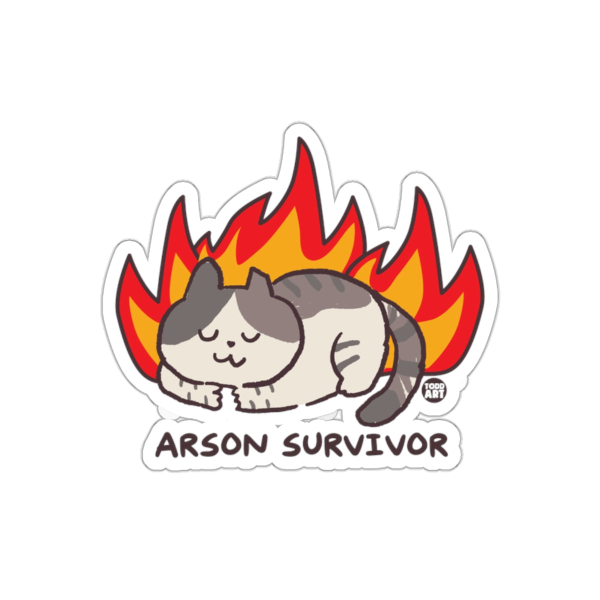 Arson Survivor Cat In Flames Cartoon Illustration sticker