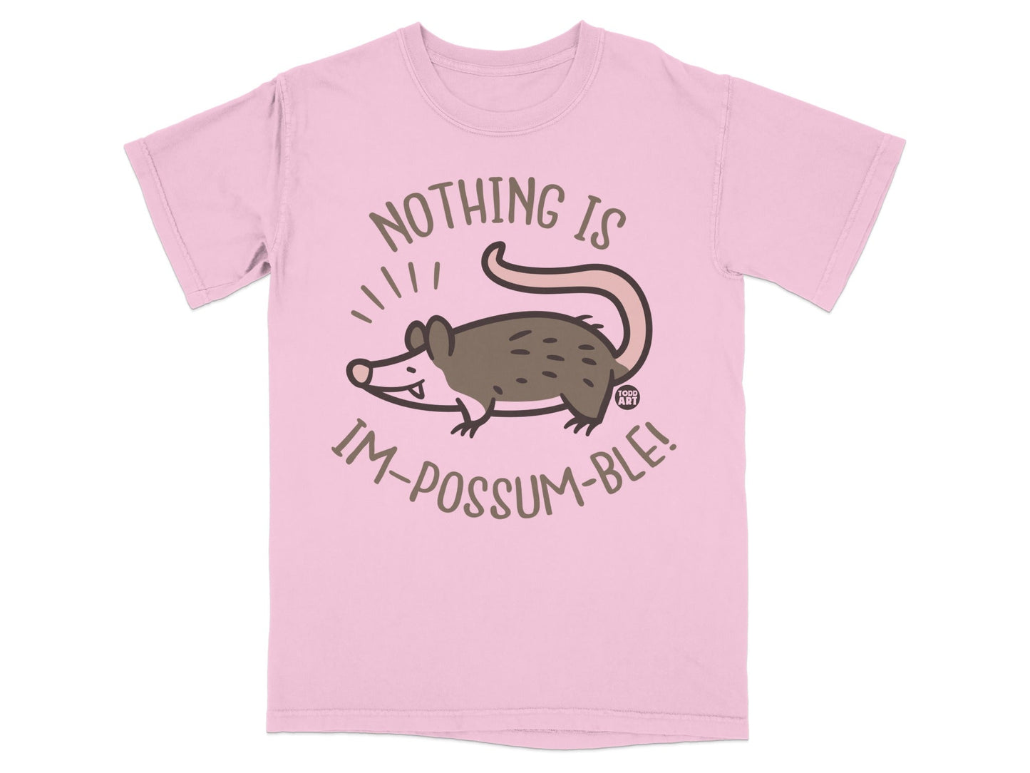 Pink t-shirt with a possum illustration and the text "Nothing is im-poss-ible!".