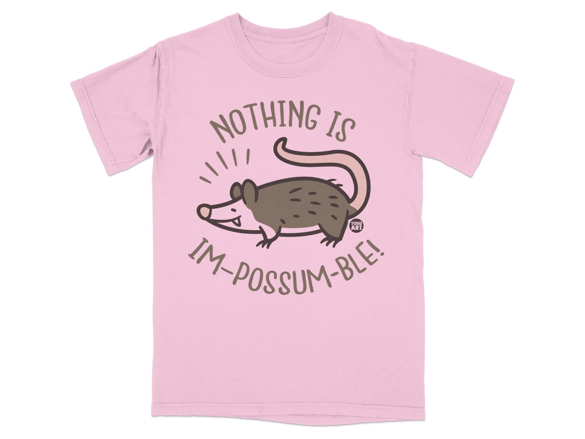 Pink t-shirt with a possum illustration and the text "Nothing is im-poss-ible!".