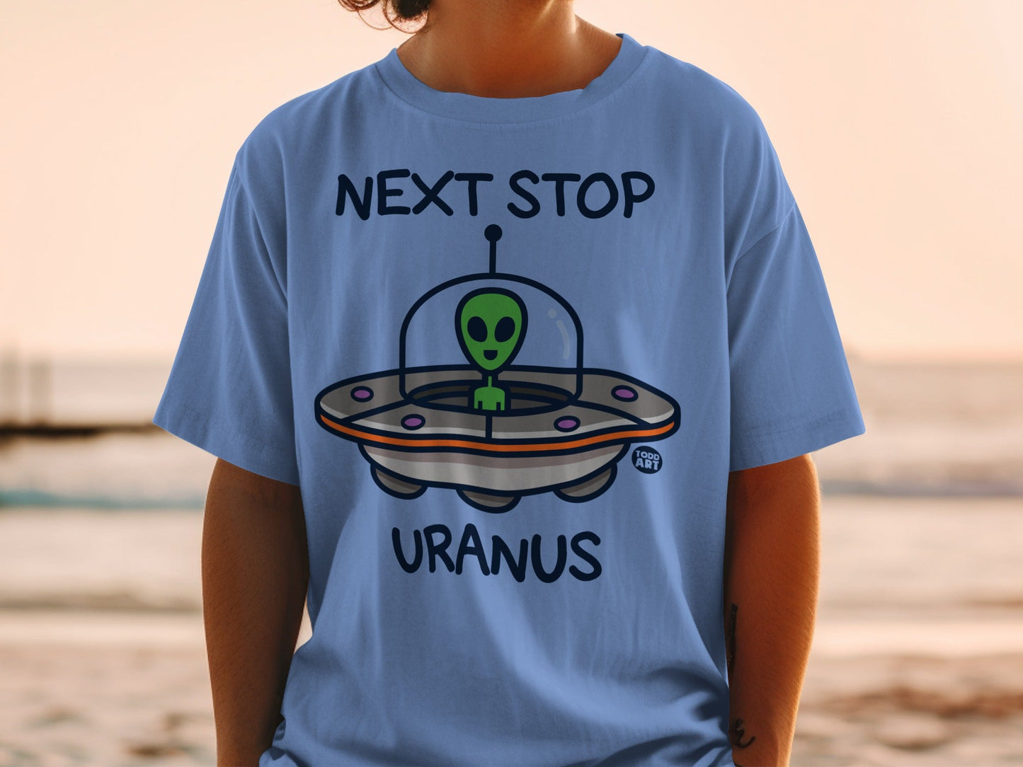 Next Stop Uranus Alien Spaceship Graphic T-Shirt