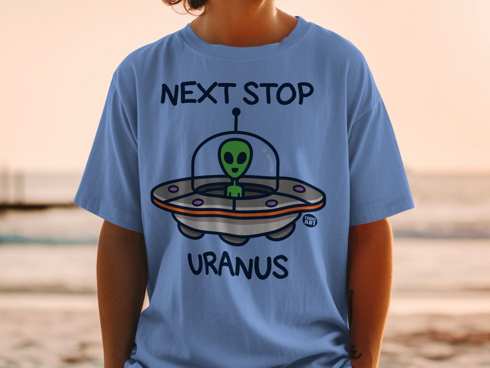 Next Stop Uranus Alien Spaceship Graphic T-Shirt