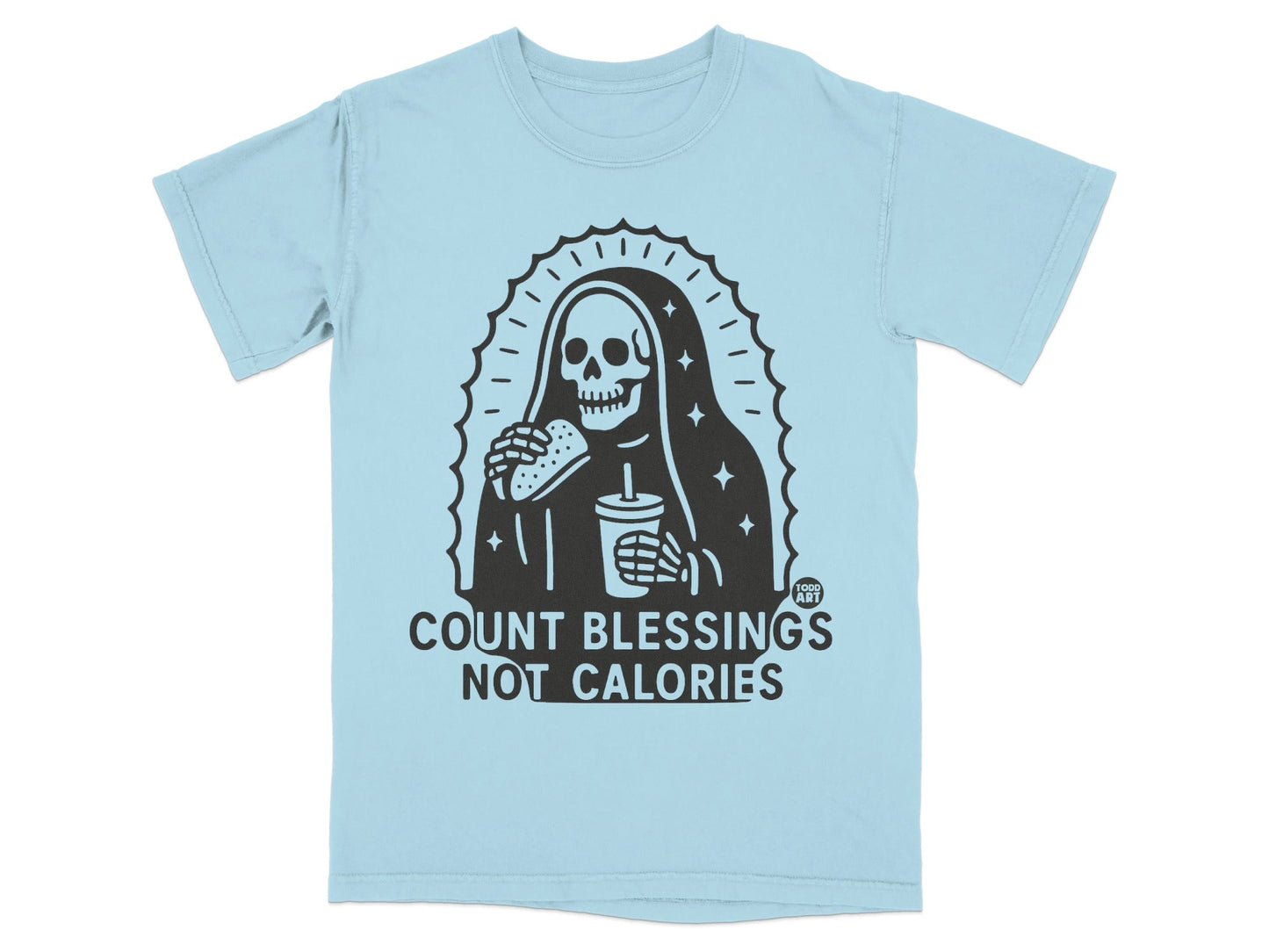 Light blue t-shirt with Grim Reaper graphic eating a burger and drinking soda.