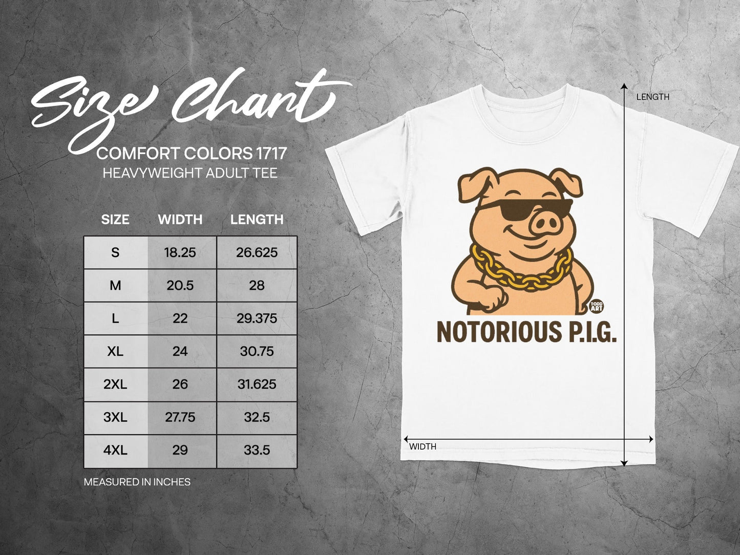 Size chart for Comfort Colors 1717 heavyweight adult tee with Notorious P.I.G. graphic.