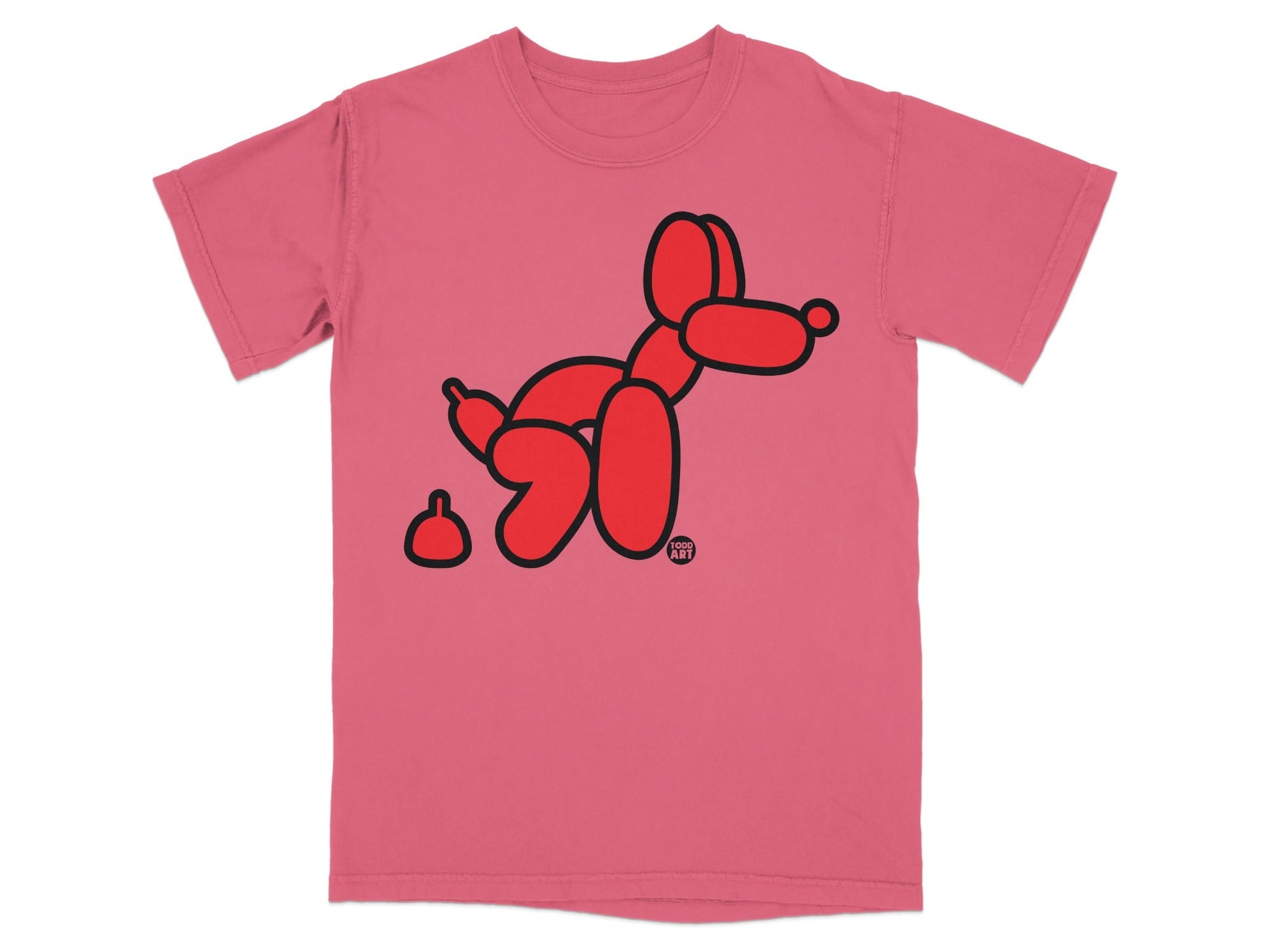 Pink t-shirt with red balloon dog and a small pile of poop.