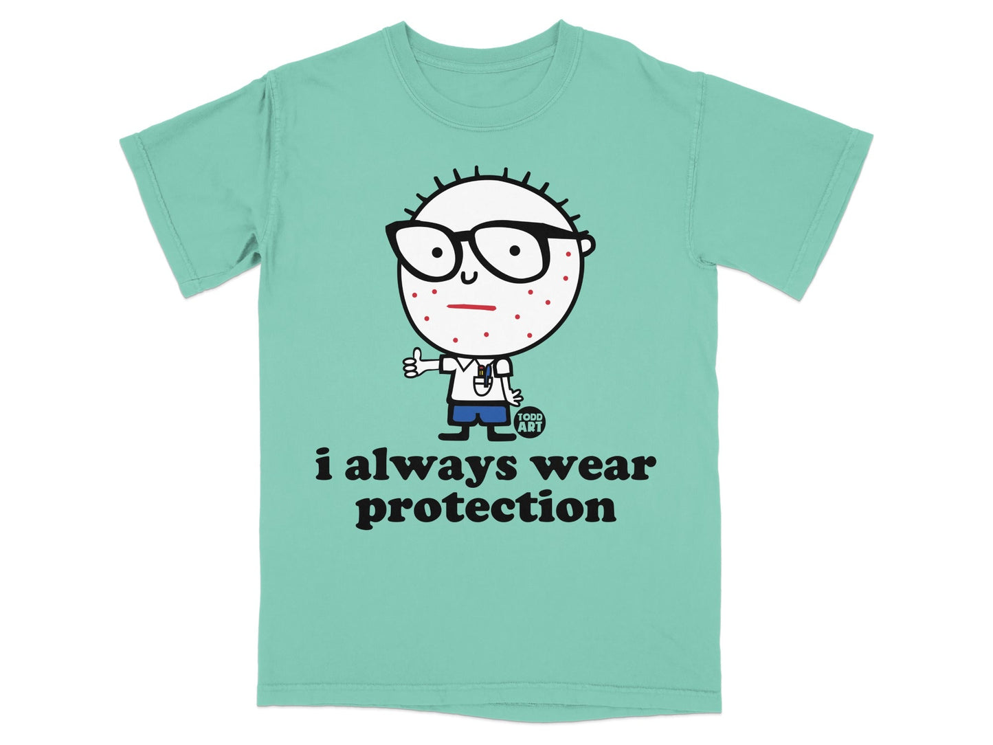 Mint green t-shirt with cartoon character giving a thumbs up and text "i always wear protection".