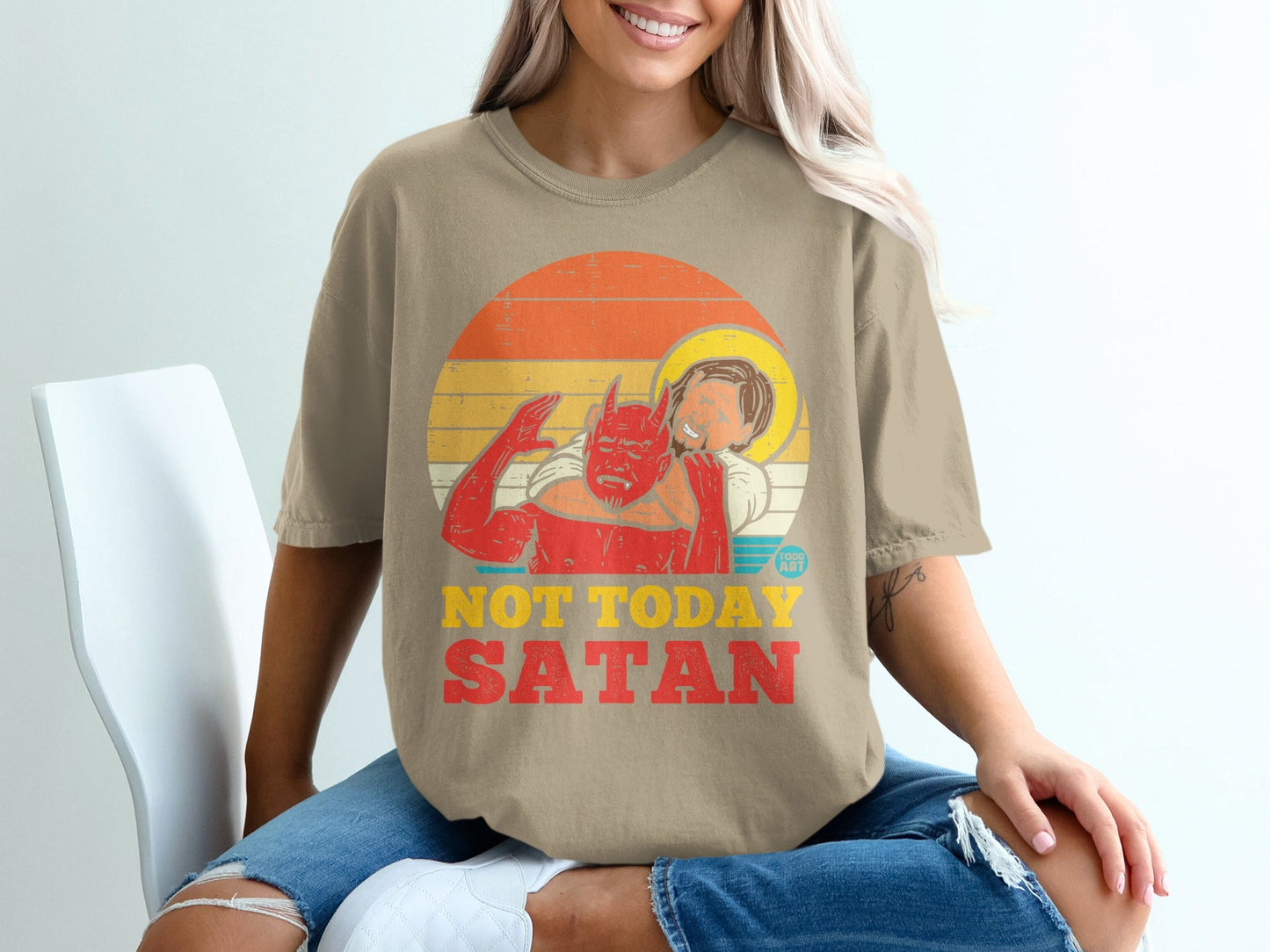 Jesus embracing the devil with "Not Today Satan" text.