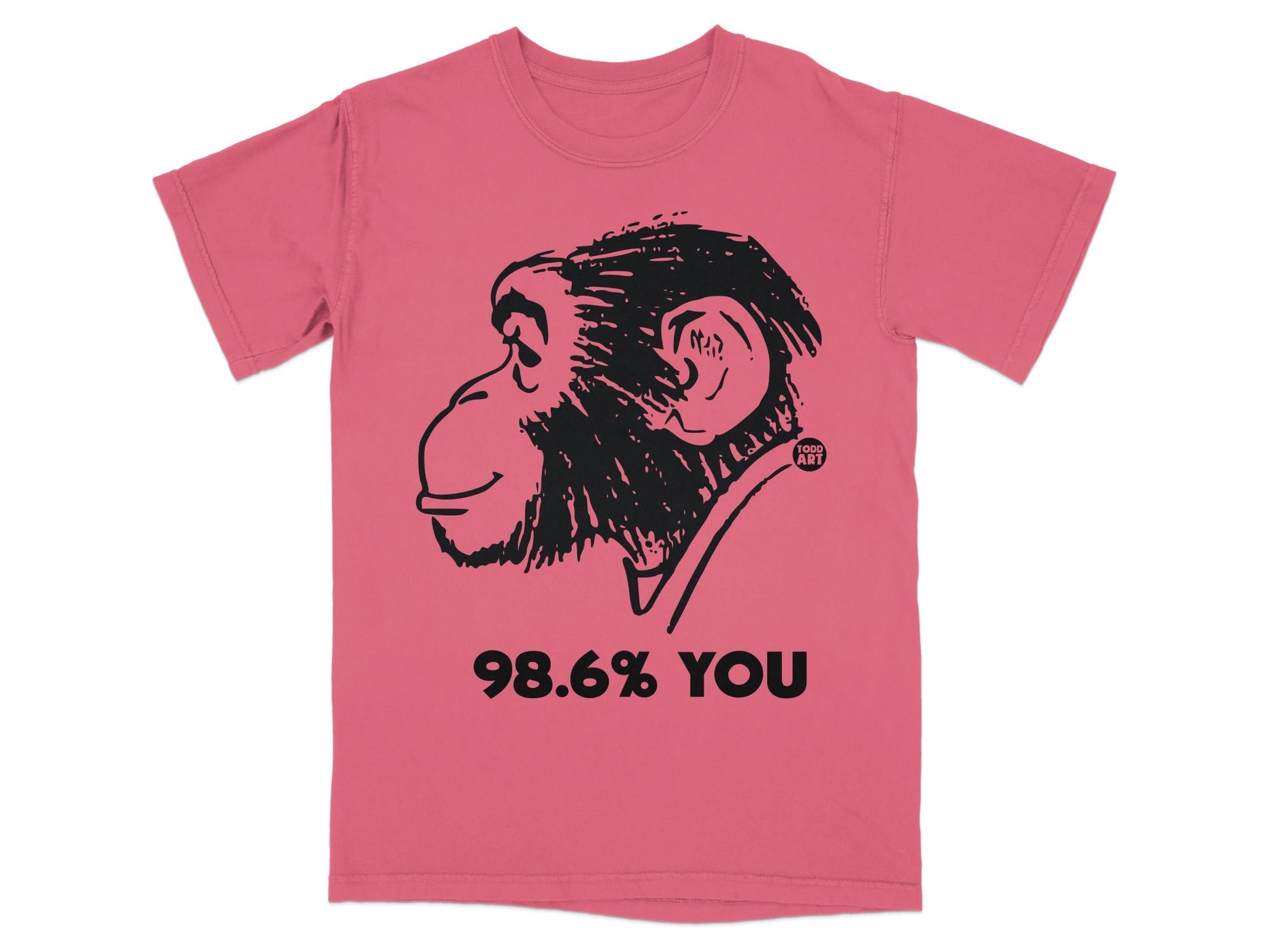 Pink t-shirt with a black monkey graphic and "98.6% YOU" text.