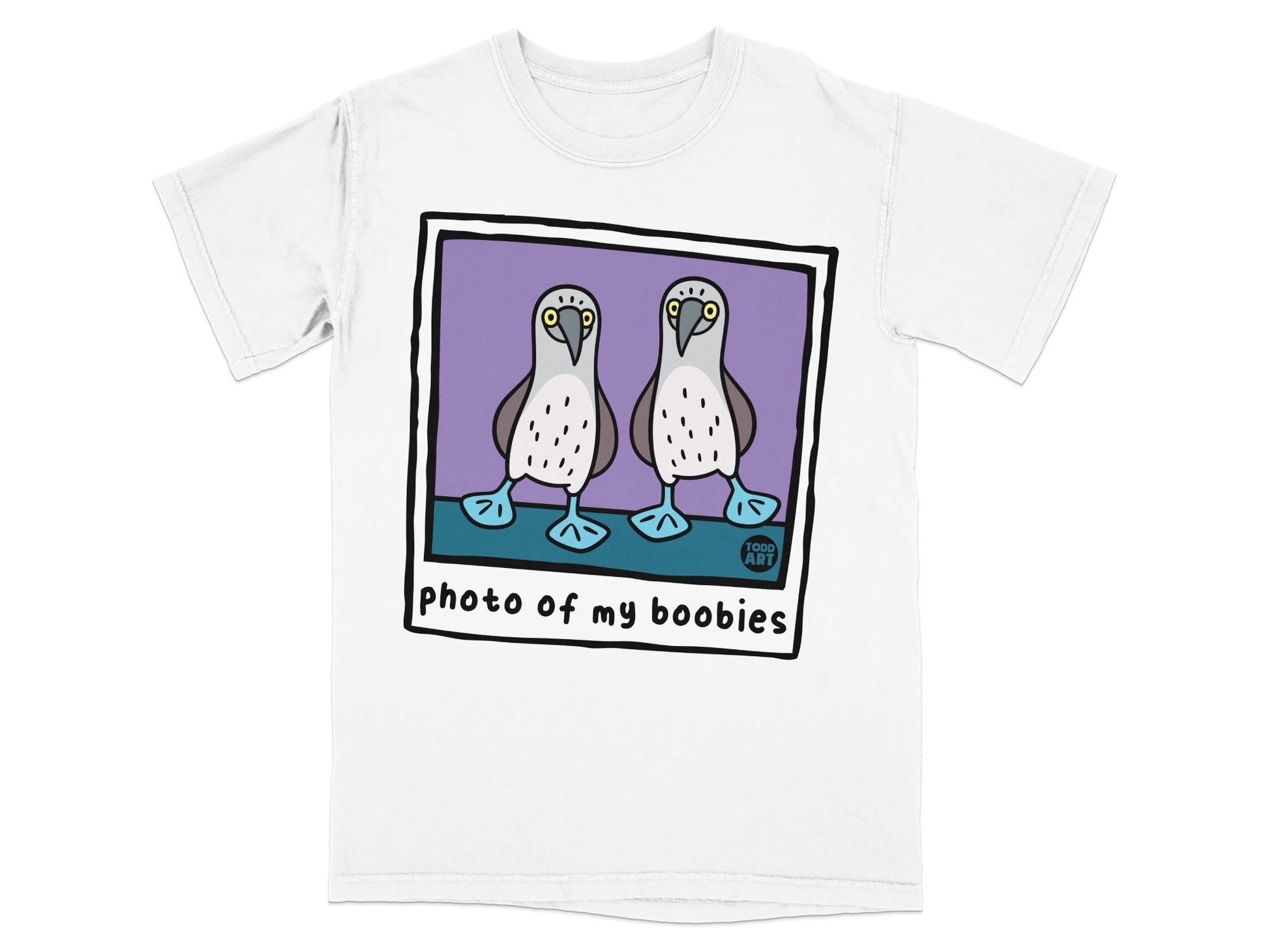 Two boobies with blue feet and yellow beaks on a purple background, text says "photo of my boobies".