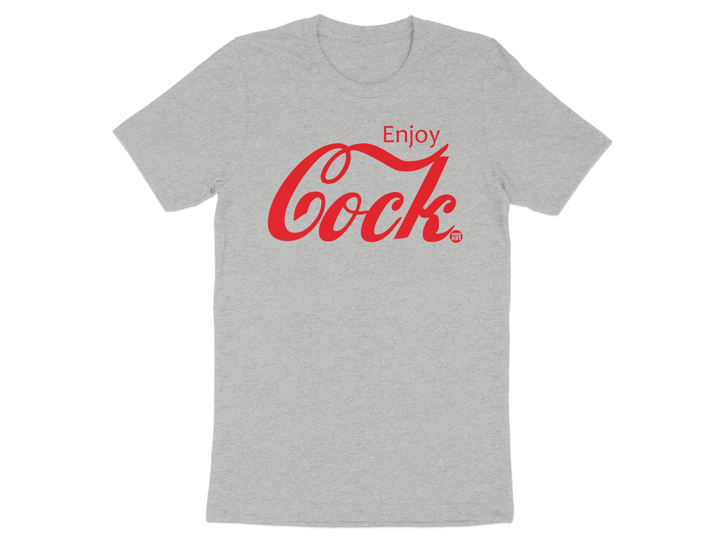 Enjoy Cock Parody Graphic T-Shirt with Bold Red Text