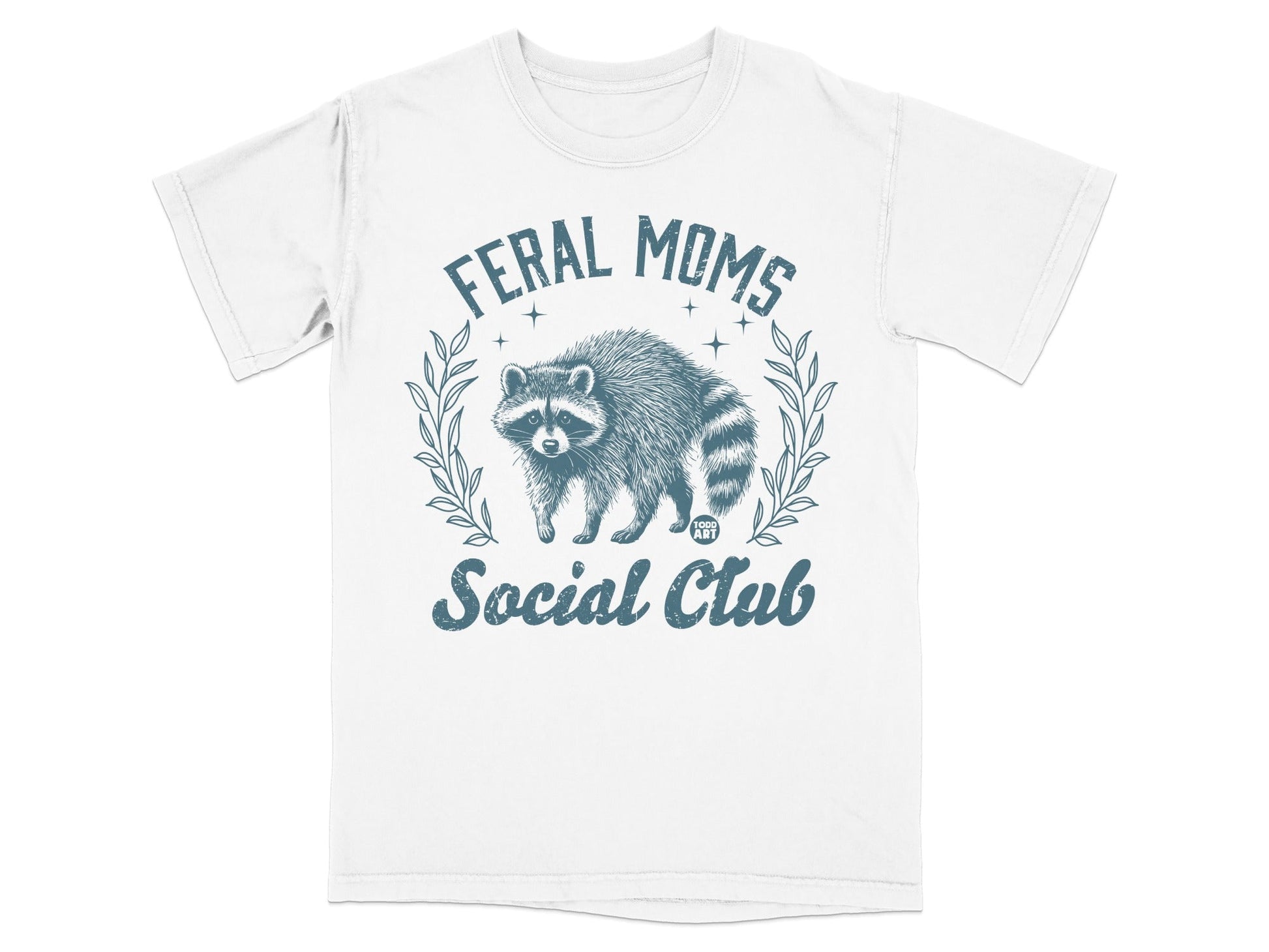 White t-shirt with raccoon and "Feral Moms Social Club" text.