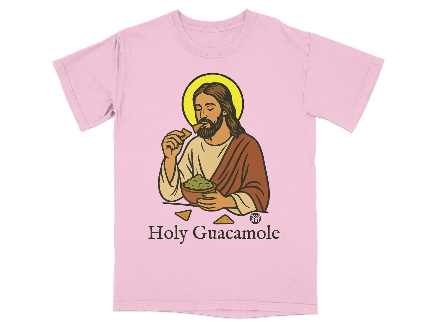 Jesus eating chips and guacamole on a pink t-shirt.
