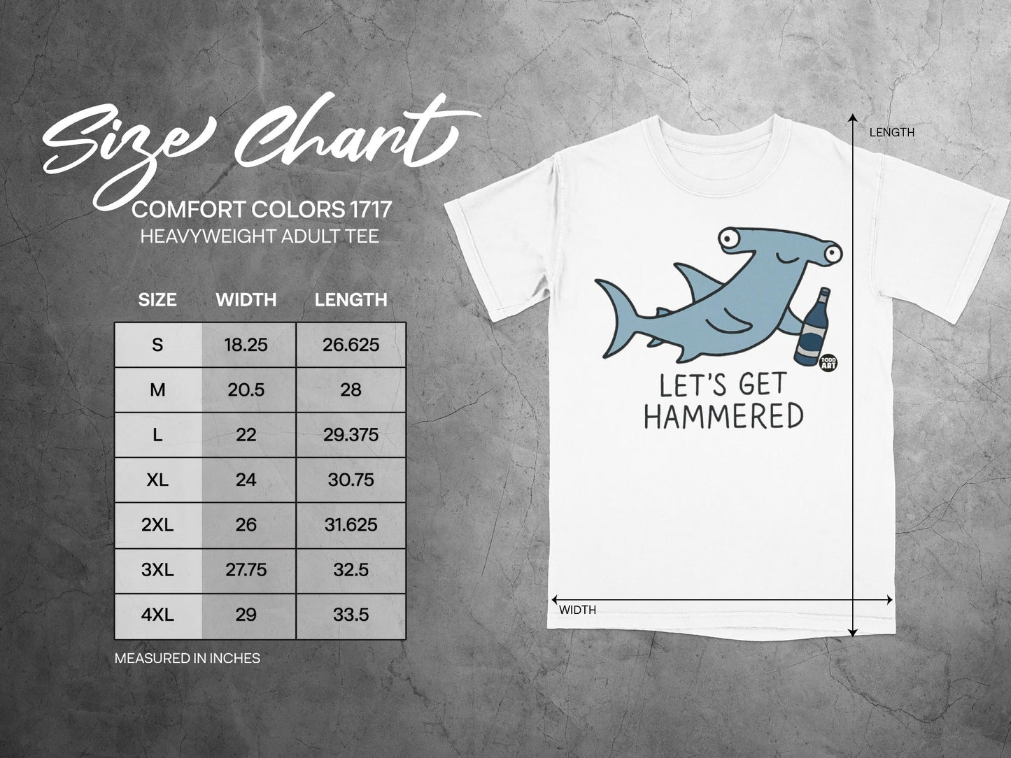 Comfort Colors 1717 heavyweight adult tee size chart with hammerhead shark graphic.