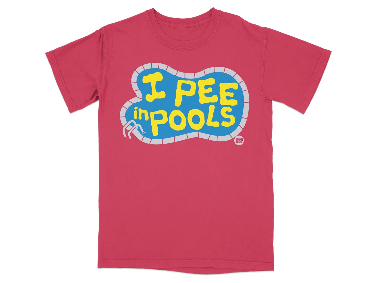 Red t-shirt with "I PEE in POOLS" text in blue and yellow.