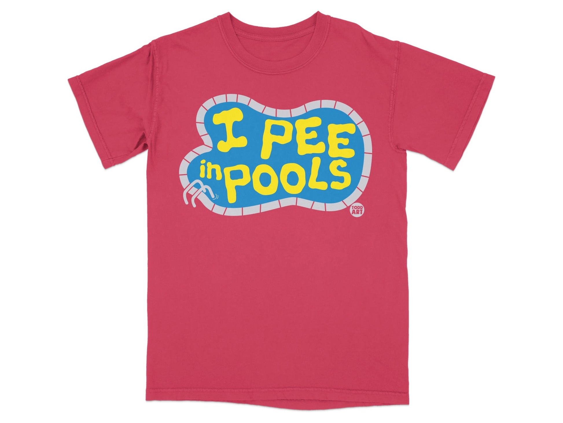 Red t-shirt with "I PEE in POOLS" text in blue and yellow.