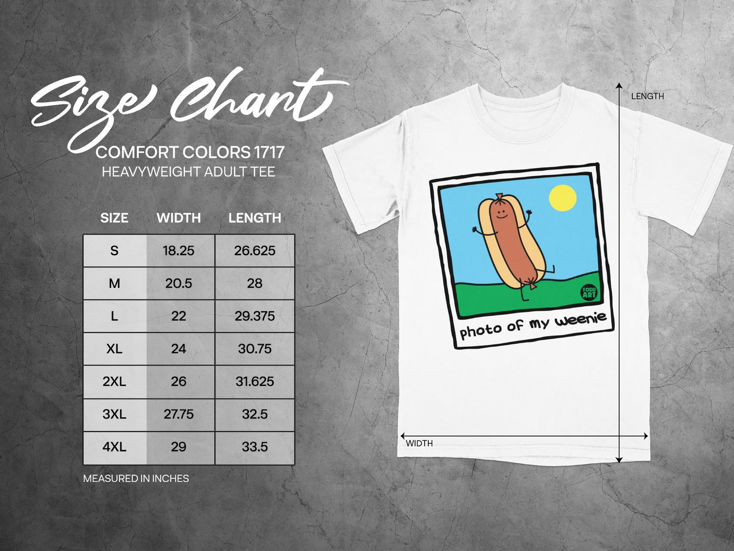 Size chart for Comfort Colors 1717 heavyweight adult tee with cartoon hot dog.