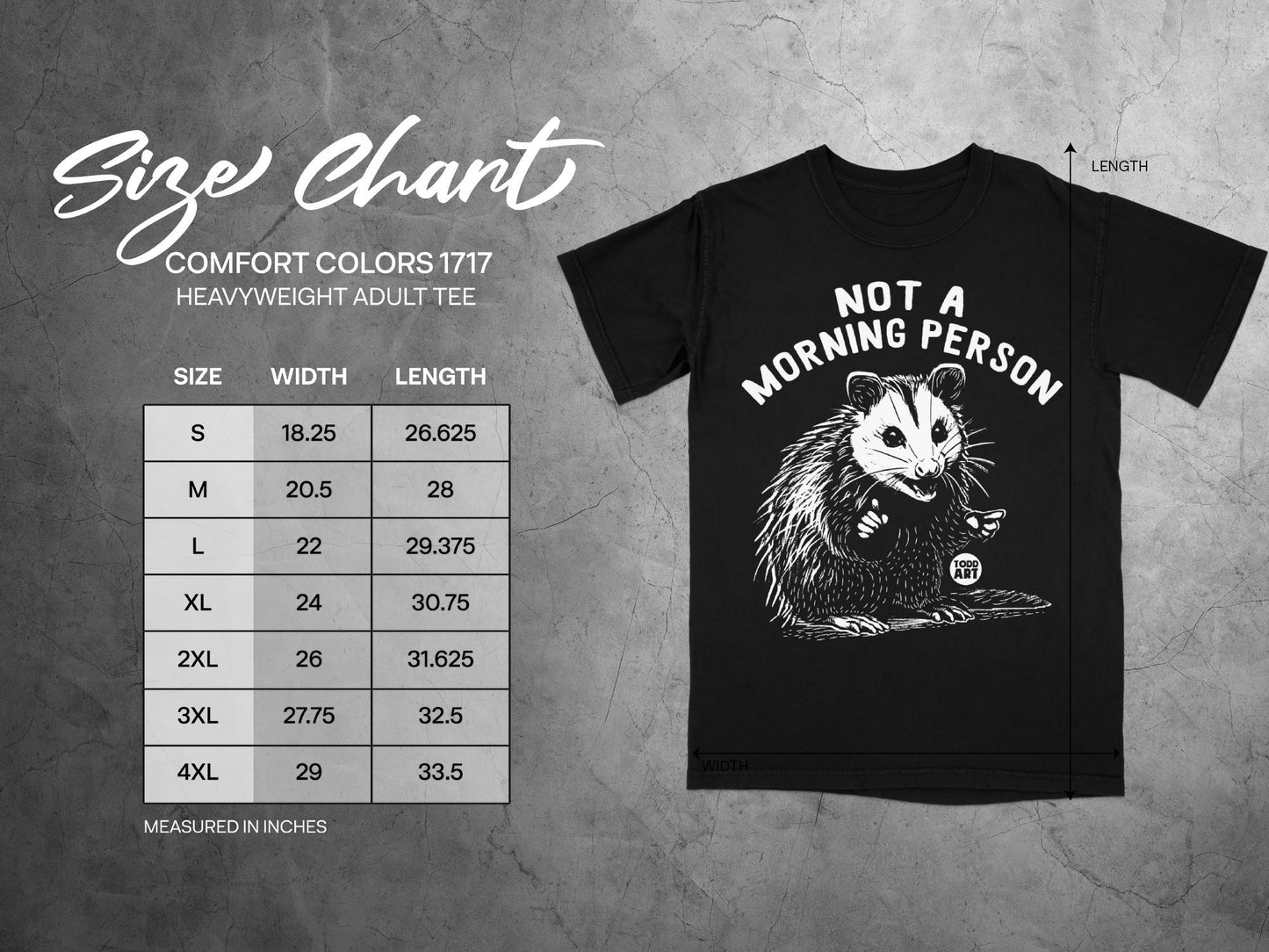 Size chart for Comfort Colors 1717 heavyweight adult tee with opossum graphic.